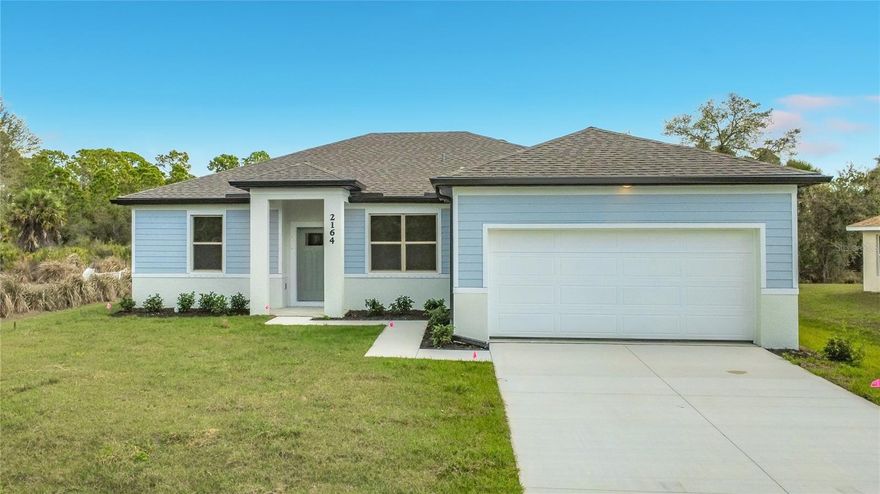 Great price with luxury features and ready now! A newly constructed home with city water and septic system in North Port, with no HOA fees! Great location for quick access to shopping, medical conveniences, parks and schools. This affordable new home is ready for you and is just what you've been looking for...No HOA and with city water! This home has 9'4" tall ceilings, a nice and open layout with a versatile floor plan. The house features 4 bedrooms, 2 full bathrooms, dining room, a living room, an open kitchen and a 2-car garage with 1810 square feet of living space. The living space is well-utilized with high ceilings and many windows providing natural light. The interior features will provide you with the quality and luxury you were looking for in your new home. This home has a split floor plan with the primary suite on one side of the home and the guest bedrooms on the other. The primary bedroom has a tray ceiling and large windows that let in natural light. You'll also enjoy a resort-style bathroom with a spacious walk-in shower with floor-to-ceiling tiled walls and a glass enclosure. It also features a linen closet, double vanity and a large walk-in closet. The living room features large windows and several LED fixtures providing plenty of light with access to the covered lanai. The living room is open to the kitchen, where you'll find a huge center island with extra seating for casual dining and plenty of cabinets. The kitchen features stainless steel appliances, Shaker-style cabinets with crown molding, decorative hardware, subway tile backsplash and granite countertops. The dining room is located at the front of the house, with large windows allowing for plenty of natural light. The home includes luxury vinyl plank flooring in the main living areas and bathrooms for durability and comfort. You'll love these floors! They are easy to maintain and offer a modern design, perfect for new homes. Other features include the same beautiful Shaker-style cabinets with hardware and granite countertops in the bathrooms, 5-inch baseboards, a garage door opener, gutters on the exterior, R38 insulation, a 16 SEER HVAC and much more. Visit our model center and compare the features and quality with other homes and you'll see the difference. We make buying easy for you!