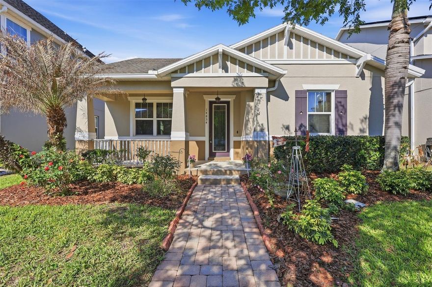 Welcome to this well maintained home in the highly sought after community of Summerlake in Horizon West, known for its convenient access to shopping, dining, parks, and major roadways. This property offers a thoughtful layout with an open concept design connecting the kitchen, living, and dining areas, creating a comfortable space for everyday living and entertaining. The interior has been freshly painted and features 18 inch tile flooring throughout, providing a clean and cohesive look with easy maintenance. The kitchen is equipped with granite countertops, tall cabinetry, and ample storage, while both bathrooms also feature granite surfaces and double vanities for added convenience. The primary suite includes a tray ceiling, a spacious bathroom with both a garden tub and separate shower, and a private water closet. Additional interior features include custom blinds throughout, cabinetry in the laundry area, and an upgraded front door with a stained glass insert that adds character and curb appeal. Outdoor living is enhanced by a full side patio with both covered and open areas, offering flexibility for relaxing or entertaining. The side yard is partially fenced with a railing design that complements the front porch, and the property includes a two car carriage style garage along with a third parking pad accessed from the rear alleyway. The home is fully guttered and features newly installed landscaping, adding to its overall appeal.