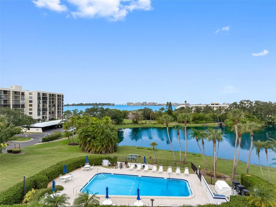 Million Dollar Views from this SW Corner unit in Bayshore II. Direct West facing windows showcase Intracoastal Water Views and Sand Key Bridge offering a sunset every night! Blue and green views as far as the eye can see! South facing Balcony with glorious green views in a peaceful serene setting.  Fabulous floorplan with 1385 Sq Ft offers 2 Bed/2 Bath with a double door entry into Foyer. Huge Living & Dining space with so many possibilities. Kitchen offers a large direct West facing window with incredible Intracoastal Views. Primary Ensuite with balcony access offers his & hers closets leading to Primary Bath. Second Bedroom with a deep wall closet and balcony access. Centrally located 2nd Bath with Walk In shower. Convenient Laundry Closet is located in the unit. This condo is just waiting for a new owner to make it their own! One premium under building parking space and one under building storage closet. Bayshore II is meticulously maintained with secure lobby, video monitoring, heated/cooled lakeside pool, BBQ area, club room, bike storage, all nestled on Harold’s Lake with a peaceful nature preserve. Located in the exclusive 24/7 guard gated Belleair Country Club, Belleview Biltmore, Belleview Inn community.  New owner qualifies for a discount member initiation fee at Belleair Country Club and also qualifies to skip the 6 year wait for golf membership. WOW…what a perk! Private Marina with boat slips for rent or purchase are subject to availability. Located in the Town of Belleair with its own Police Department, Town Hall, 19 green space parks, Rec Center with activities for all. Close to Gulf Beaches, excellent medical facilities, dining & shopping.  Two International airports…PIE 20 mins and TPA 35 mins. Floor Plan photo 47. No Pets allowed. Must own 2 years before renting. Come make this unit your own and live the Florida life!