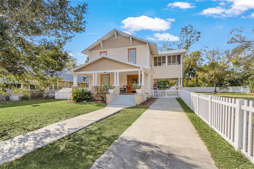 4-bedroom, 2-bath historic home with all bedrooms located on the second level and one bathroom on each level. Updated kitchen (2023), original woodwork and molding, built-in cabinetry, large front porch, screened-in second-floor lanai, fully fenced yard (2024), back patio with gazebo, and metal roof (2023). Interior features include original built-in wood cabinets, a fireplace in the living room, and a formal dining room. The layout offers defined living spaces with natural light throughout. Recent improvements include an updated kitchen with gas stove, updated flooring, and a metal roof (2023), providing a combination of function and durability. Outdoor spaces include a fully fenced yard with newer PVC fencing (2024), along with a patio and gazebo for outdoor use. The property includes ample yard space for a variety of uses. Located within short distance of proximity to local amenities, including dining, shopping, schools, and public services.