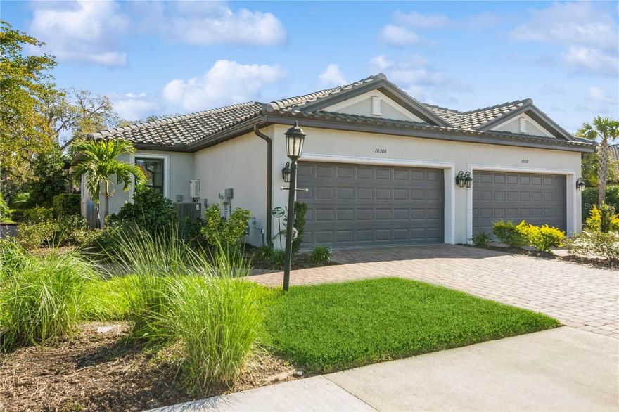 Relax and enjoy this FURNISHED villa nestled within the popular resort-style Skye Ranch community. This lovely turnkey 2 bedroom/2 bath/2 car garage offers a unique blend of modern elegance and serene comfort. Featuring an inviting floor plan accentuated by a picturesque backyard water view, this home welcomes you with a spacious gathering room, lovely kitchen with island and separate dining area.  Plus, the den or study can be used for additional accommodations with it's privacy pocket-doors. The heart of this home lies in the kitchen, with quartz countertops and equipped with stainless steel appliances. Enhancing the ambiance, both bedrooms, gathering room and study have ceiling fans to gently circulate the air throughout. Serenity awaits as you step outside into the oversized screened-in lanai and immerse yourself in tranquility as you overlook the water view and lovely foliage from the wetlands, creating an idyllic backdrop for friendly gatherings or moments of peaceful reflection. This home is a short walk to the Esplanade only Rendezvous Park, featuring a pool, spa, bocce ball, firepit, dog park and pickle ball courts. Additionally, you also get access to the resort-style pool at The Hub, featuring water bucket fun, spa, lap lane pool, state-of-the-art fitness center, rock climbing wall, cafe and more. Plus, access to Turner Park with it's own dog park, playground, sand volleyball courts, basketball courts, more pickle ball courts and sports fields for baseball, soccer and football. And, miles and miles of trails throughout the community!! Whether enjoying the vibrant resort-style community amenities or enjoying quiet evening at home, this home epitomizes modern living at it's finest, offering a harmonious blend of luxury and relaxation in an unparalled setting. Whether you're wanting to experience living in the area or waiting on your new construction home to be finished, this villa is a fantastic option.