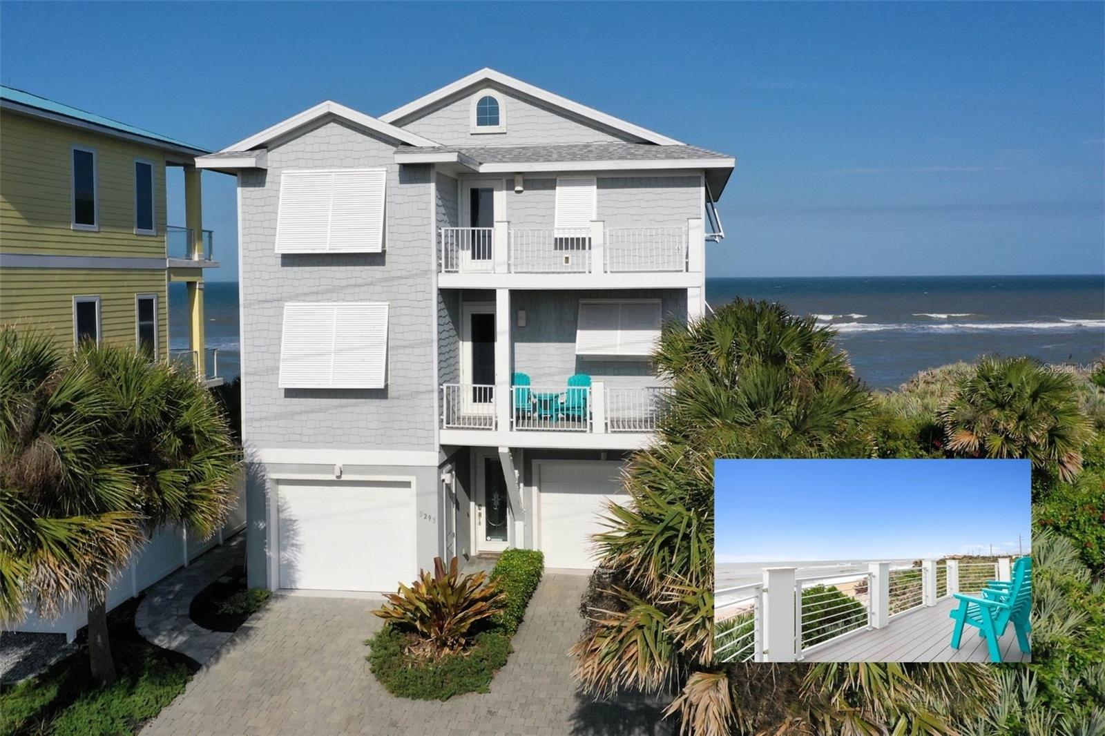 Welcome to your DREAM oceanfront retreat in Flagler Beach! This stunning Custom-Built home, constructed in 2014, offers unparalleled luxury and breathtaking panoramic views of the Atlantic Ocean. Featuring 2,491 square feet of living space with 4 Bedrooms, 3 Full-Bathrooms + 2 additional 1/2 Bathrooms in the property which promises a lifestyle of comfort and relaxation. Upon arrival, you'll be greeted by the impeccable curb appeal of this coastal gem. A paver driveway leads to an oversized tandem 2-car garage + storage garage, providing ample parking and storage space. The exterior is meticulously constructed with concrete walls, 2x6 framed upper floors and zip system sheathing with coastal shingle siding, trex decking, and impact glass windows ensuring durability and low maintenance for years to come. Step inside and prepare to be captivated by the expansive ocean vistas that greet you from every angle. This 3-story residence with a useful home elevator is designed to maximize natural light and ocean breezes, creating a serene and inviting atmosphere throughout. The main level features an open-concept living area, seamlessly blending the kitchen, dining, and living spaces with the ocean views as a part of the design. High ceilings and large windows enhance the sense of space and airiness, while premium finishes and fixtures exude elegance and sophistication. The gourmet kitchen is a chef's delight, equipped with top-of-the-line finishes, custom cabinetry, and a bar-height counter for casual dining and entertaining. Adjacent to the living area, sliding glass doors lead to an expansive deck, perfect for dining, lounging, or simply savoring the breathtaking sunrises over the ocean and sunsets over the intracoastal. Retreat to the third level, where you'll find the luxurious master suite, complete with a private balcony overlooking the beach. Wake up to the soothing sounds of the waves and unwind in the spa-like ensuite bathroom, featuring a soaking tub, glass encased walk-in shower, and dual vanities. Three additional bedrooms provide comfort and privacy for family and guests, each thoughtfully appointed with ensuite bathroom and ample closet space. For added convenience, an elevator provides easy access to all levels of the home, making it accessible for residents of all ages and abilities. Outside, a private paver patio with outdoor shower allows for easy cleanups after long beach walks. The walkway in the backyard directs you to the pristine sandy shores, where endless days of beach walking, swimming, and sunbathing await. Additional features include tankless hot-water system, a new 2023 seawall ensuring peace of mind and protection against coastal erosion, as well as brand new 2024 A/C's units for year-round comfort. Whether you're seeking a full-time residence, vacation retreat, or an investment opportunity with the ability to Short-Term Lease in unincorporated Flagler Beach, this oceanfront oasis offers the ultimate in coastal living. Don't miss your chance to experience the best of Flagler Beach living - schedule your private showing today! Make sure to find the walkthrough video link in the listing.