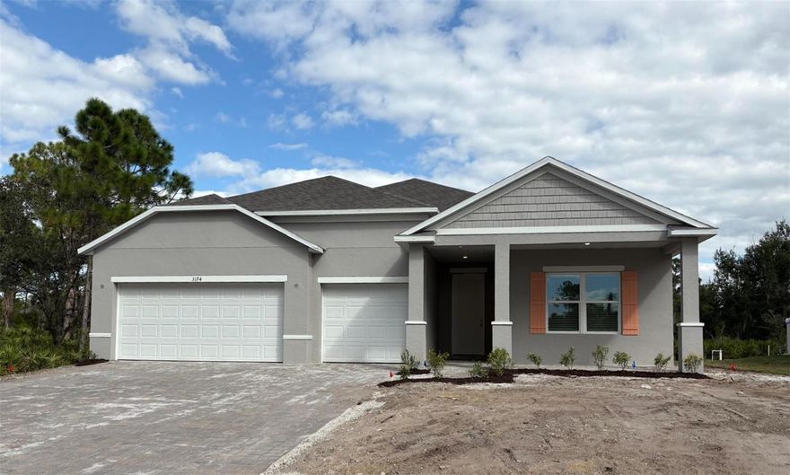 Ready now! Welcome to North Port, known for its rich natural beauty, world-class beaches, arts and culture, and exciting spring training baseball. With its abundance of parks and the scenic Myakka State Forest, North Port offers residents a lifestyle filled with outdoor adventures and recreational opportunities. The city’s ideal location also provides easy access to shopping, dining, and top-rated schools, making it the perfect place to call home.

Step inside the Melody to this stunning home that maximizes every square foot for extraordinary functionality. The spacious kitchen and great room form the heart of the home, perfect for gathering and entertaining. The kitchen features soft-close shaker cabinets and extensive ceramic tile flooring throughout the main areas, offering both elegance and practicality. Upgraded LED lights in the den and great room illuminate these spaces, enhancing the inviting atmosphere. The lanai extends the living area, ideal for enjoying the outdoors in comfort.

The den provides versatile space for an office, study, or any unique needs you may have. Blinds are included on all windows, providing privacy and light control throughout the home.

Tucked away at the rear for privacy, the primary suite features a spacious walk-in closet and a private bathroom oasis, complete with an upgraded walk-in tile shower for a luxurious experience. Off a wide, roomy hallway, you'll find two large secondary bedrooms and a bathroom, along with a conveniently placed laundry room with extra cabinetry for added storage and organization.

The home also includes a three-car garage, offering plenty of space for parking, storage, or a workshop. The driveway pavers and entry walk pavers enhance the home’s curb appeal, creating a polished, welcoming first impression. Designed with both beauty and durability in mind, this home features impact windows, providing added protection, energy efficiency, and peace of mind.

For added convenience, an irrigation system keeps your lawn lush and vibrant year-round, making maintenance effortless. Backed by a full builder warranty, you can enjoy lasting confidence in your investment.

This home delivers all the amenities of a larger residence without breaking the budget—a perfect blend of comfort, style, and functionality, thoughtfully crafted for modern Florida living.