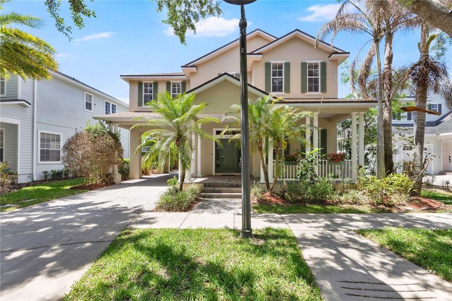 CDD PAID OFF! Welcome to this beautifully maintained 3-bedroom, 4-bath home located in the desirable Birchwood neighborhood of Harmony. From the moment you arrive, you’ll notice the inviting curb appeal with lush landscaping, elegant stone pavers leading to the front entrance, and an extended driveway guiding you to the detached two-car garage. A shaded front patio creates the perfect space to relax and unwind.

Step inside to a thoughtfully designed layout featuring a striking staircase and a versatile flex room—ideal for a home office, playroom, or potential fourth bedroom. The main living area offers an open-concept design where the living room, dining area, and kitchen flow seamlessly together—perfect for both everyday living and entertaining. The kitchen is equipped with stainless steel appliances, rich dark cabinetry, and ample counter space, and features a wraparound bar area ideal for casual meals. A convenient serving window and bar setup make hosting and serving food effortless. The dining area is filled with natural light from surrounding windows, while the living room is bright and welcoming with double doors leading to the backyard. The den includes a smart TV that conveys with the home, offering a turnkey entertainment setup.

Upstairs, you’ll find built-in desk spaces with cabinetry—perfect for work or study. The spacious primary suite is a true retreat, featuring private access to an oversized balcony with peaceful water views. Dual walk-in closets with built-in shelving provide generous storage, while the en-suite bathroom offers a dual-sink vanity, a garden tub with relaxing jets, and a large walk-in shower. Each additional bedroom is generously sized and includes its own private full bathroom, offering comfort and privacy for everyone.

Step outside to enjoy a covered patio with a ceiling fan and an extended paver deck—perfect for entertaining or relaxing while overlooking the fenced backyard and serene water views.

Located in a community known for its amenities and convenient access to major roads, highways, dining, and entertainment, this home offers the perfect blend of comfort, functionality, and lifestyle.