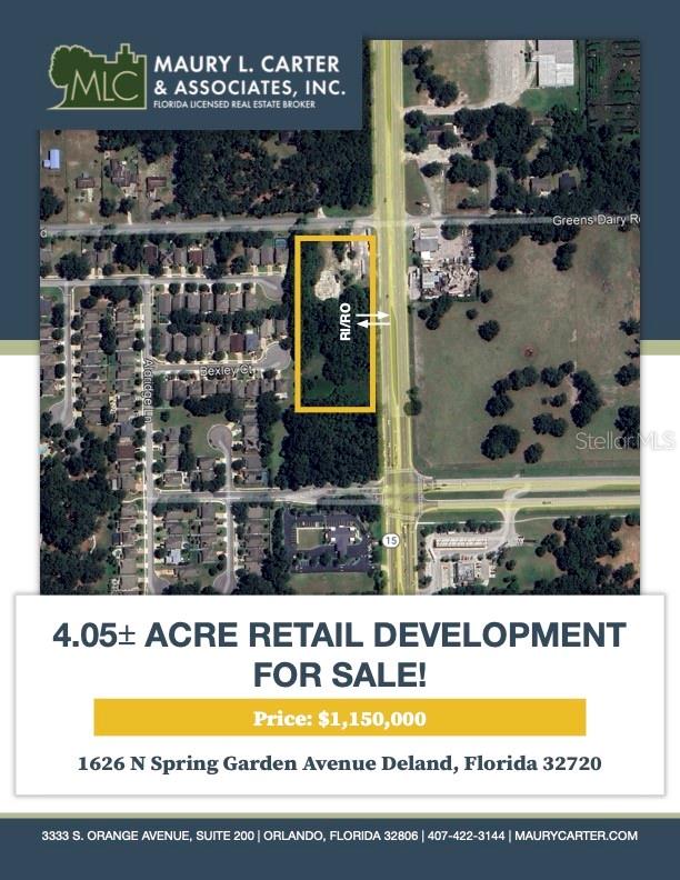 Location, Location, Location!
Take International Speedway Blvd westbound until it dead ends into N. Spring Garden Ave in DeLand, and you’ve arrived at a PRIME COMMERCIAL location. This exceptional property, totaling 4.12 acres across five contiguous parcels (Parcel Numbers 700600000020, 700600000030, 700600000040, 700600000050, and 700600000060), sits at one of the most highly trafficked intersections in the area, offering unparalleled visibility and accessibility.
Whether you envision a retail plaza, shopping center, or mixed-use commercial complex, this property offers limitless potential for investors and developers looking to capitalize on DeLand’s dynamic growth. The site is strategically positioned at the gateway to the city, making it the perfect location to capture both local and visitor traffic.
Adjacent to this assemblage is an additional 1.92-acre parcel (Parcel #700600000092), listed separately for $1,200,000, offering the unique opportunity to expand the development footprint to over 6 acres if purchased together. This combined space would be ideal for a large-scale commercial development designed to meet the growing needs of the DeLand community and the surrounding area.
DeLand’s commercial real estate market remains strong, with continued growth in both residential and business sectors. As the city evolves, demand for commercial amenities continues to rise, making this property a rare and valuable opportunity. With pricing set at $400,000 per acre, this location is competitively priced to attract savvy investors seeking high visibility, easy access, and substantial development potential.
Don’t miss your chance to secure one of the most sought-after commercial sites in Volusia County. Contact us today for more information and to schedule a private tour.