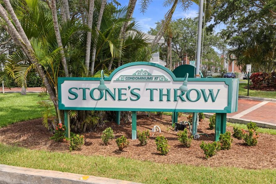 Welcome to this beautifully updated 2-bedroom, 1.5-bathroom condo located on the first floor of the highly desirable Stones Throw community. This home is perfect for a variety of lifestyles! Step inside to a bright and open living space, highlighted by serene canal views that set a peaceful tone throughout the home. The updated kitchen seamlessly flows into the dining and living areas, creating the perfect space for everyday living and entertaining. Tile flooring runs throughout for a clean, low-maintenance finish. The split-bedroom layout offers privacy and functionality. The spacious primary bedroom provides a calming retreat, while the second bedroom is ideal as a guest room, home office, or nursery. A Jack-and-Jill style bathroom connects the two bedrooms with both full and half bath access. Additional highlights include a newer front-load washer and dryer conveniently located inside the unit, and a new A/C unit installed in 2023. Enjoy quiet mornings or relaxing evenings on your private back porch, overlooking the tranquil canal. The Stones Throw community is known for its peaceful setting and well-maintained amenities, including a heated pool, jacuzzi, tennis/pickleball courts, clubhouse, and even an on-site car wash. Outdoor enthusiasts will love the Pinellas Trail, which runs along the west side of the complex—perfect for biking and walking. Located just minutes from Tyrone Mall, St. Pete College, local hospitals, restaurants, gyms, and the Gulf beaches, you’ll enjoy convenience at every turn. Don’t miss out on this fantastic opportunity—schedule your private showing today! INCLUDED IN RENT: WIFI/CABLE(SPECTRUM), SEWER, TRASH, WATER