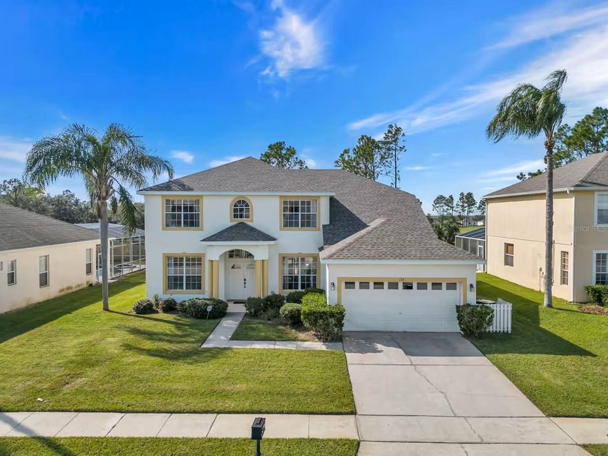 Discover this stunning spacious 6-bedroom, 3-bathroom residence offering over 3,000 sq. ft. of living space in one of Central Florida’s most sought-after golf communities. Property comes Fully Furnished and thoughtfully upgraded, this home combines elegance, comfort, and functionality. From the moment you arrive, the grand double front doors and elegant Roman columns set the stage for something truly special. Inside, you’ll find an open and inviting floor plan with a formal dining room, a generous living area, and a well-appointed kitchen with a breakfast nook. The ground floor includes a second master suite and a versatile sixth bedroom near the entrance, perfect as a study or TV room. Recent upgrades include New Floor Porcelain Tiles, Laminate flooring, and stunning Quartz Countertops in the kitchen and bathrooms. Upstairs, you’ll discover another large master suite along with good sized additional bedrooms. Bedrooms have been tastefully designed and painted with custom Disney-themed décor. The west-facing pool and spa overlook the 10th hole of the Highlands Reserve Championship Golf Course, creating a serene backdrop for relaxation and entertaining. Enjoy stunning Florida sunsets from your private deck. The location is unbeatable, just a short stroll to the golf clubhouse for an evening bucket of balls or a relaxing drink surrounded by nature, palms and trees. You’re also close to the community pool, playground, and tennis/pickleball courts. Highlands Reserve is an exclusive golf community and is walking distance to Publix, CVS, Restaurants, Gas stations, and Shopping plazas, and only minutes from Disney World, Universal, SeaWorld, and water parks. Palm trees, golf views, and sunsets, this is Florida living at its finest!