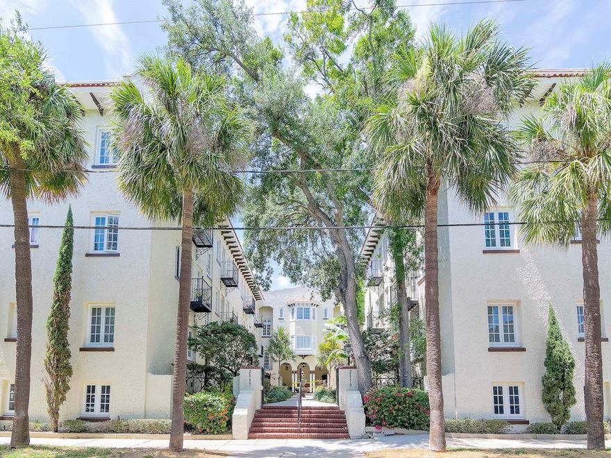 Located in the historic 1925 Melrose Landing in the heart of Old Hyde Park/SOHO, 2 blocks from Bayshore Blvd, this first floor corner residence offers timeless Mediterranean charm updated with modern comforts. The  one-bedroom, one-bath condominium showcases high ceilings, abundant natural light, and classic hardwood floors in the living room and bedroom, complemented by ceramic tile in the kitchen and bath. There is a coat closet as you enter the home, followed by the living space with lots of windows for natural light.  The kitchen is thoughtfully appointed with stainless steel appliances, cherry wood cabinetry, granite countertops, pantry closet, and a convenient under-counter washer/dryer combo.The updated bathroom features white tiled walls and white mosaic floors, a single sink vanity cabinet , a storage cabinet, and a linen closet.  Newer energy-efficient windows and the addition of central heating and air enhance year-round comfort. There is also a sizable private storage closet located in the hallway just outside the unit. Residents of Melrose Landing enjoy a charming courtyard with fountain and covered patio, a dedicated parking lot, and an on-site laundry room for larger items, and secured bike storage. Enjoy the convenient and walkable lifestyle of this Hyde Park home just outside your front door and walk to Bayshore Boulevard, Hyde Park Village, and the vibrant dining and nightlife of SOHO along Howard Avenue. Water, sewer, and trash are included in the rent. One small pet under 45 pounds is permitted. No smoking.
