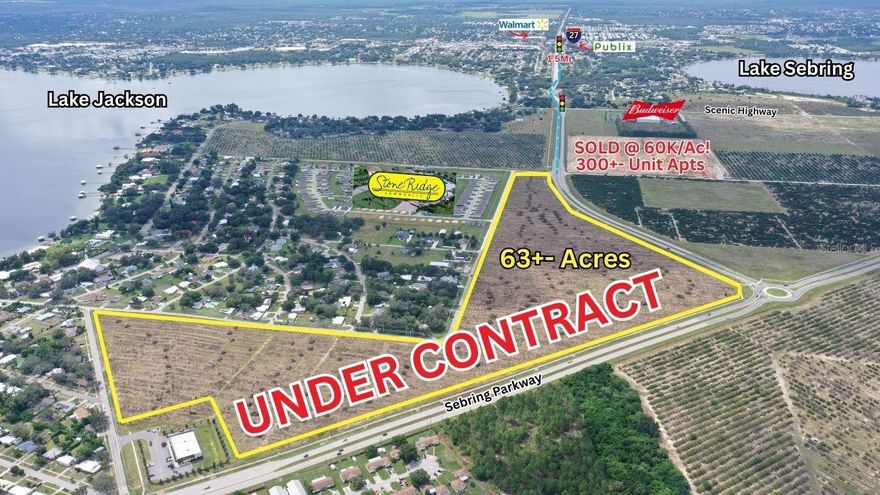 Under contract-accepting backup offers. 63+/- acre Premium R-3 Multi-Family Site Accented Nicely with C-1 Corner/Prime Parkway Frontage not to mention a smaller R1A Single Family portion nestled a little closer to the beautiful Lake Jackson! All this coveted property is framed with 4,290+Feet on Sebrings Newest & busiest thorough fare only 1.5 miles from the Highest Traffic Count in Highlands County at Walmart US 27/Sebring Parkway Intersection. Easy to Develop as site is Annexed to the City of Sebring to receive Water & Sewer that runs along the Parkway. 14.35 acres R-1A (3.48 DU/AC), 13.84 Acres C-1, 32.39 Acres R-3 (12 DU/AC), and 3.47 Acres AU(not annexed). EXTREME PRIME EXPOSURE on SEBRING PARKWAY!!! Don't wait.., this parcel is “HOT” and sure to receive multiple offers like the last adjacent site we listed & sold within days on market!