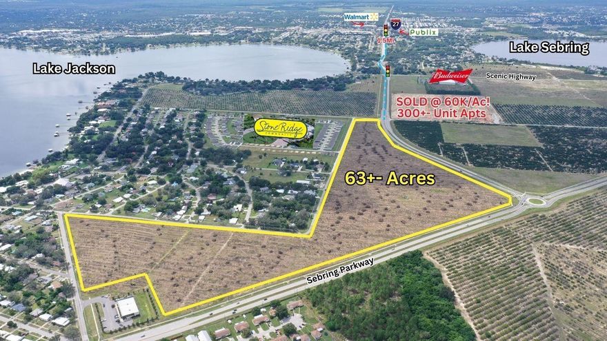 63+/- acre Premium R-3 Multi-Family Site Accented Nicely with C-1 Corner/Prime Parkway Frontage not to mention a smaller R1A Single Family portion nestled a little closer to the beautiful Lake Jackson! All this coveted property is framed with 4,290+Feet on Sebrings Newest & busiest thorough fare only 1.5 miles from the Highest Traffic Count in Highlands County at Walmart US 27/Sebring Parkway Intersection. Easy to Develop as site is Annexed to the City of Sebring to receive Water & Sewer that runs along the Parkway. 14.35 acres R-1A (3.48 DU/AC), 13.84 Acres C-1, 32.39 Acres R-3 (12 DU/AC), and 3.47 Acres AU(not annexed). EXTREME PRIME EXPOSURE on SEBRING PARKWAY!!! Don't wait.., this parcel is “HOT” and sure to receive multiple offers like the last adjacent site we listed & sold within days on market!