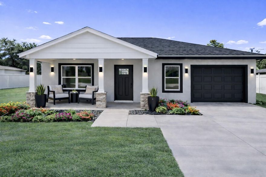 Photos may include virtual staging. Homes may feature design variations and multiple interior finish and exterior landscaping packages to select from. We offer both completed homes and homes to be built. For to be built inventory, buyers may select finishes after an executed purchase agreement and deposit. Brand New Construction | Ocala | No HOA Open concept layout is anchored by a well composed kitchen featuring modern cabinetry, quartz countertops, stainless steel appliances, and a generous island with seating. Luxury vinyl plank flooring and a calm neutral palette create a seamless flow throughout. The primary bath delivers a spa caliber experience with full height shower tile, penny tile mosaic flooring for refined texture and secure footing, and a dual his and hers vanity finished in a modern style with designer lighting and refined hardware. The overall aesthetic is sophisticated, high contrast, and boutique hotel inspired. Availability varies by home and availability, allowing clients to choose from elevated palettes and finishes. Attached GARAGE and with NO HOA, enjoy the freedom to personalize your property as you wish. Located about 3 minutes to downtown dining and entertainment, and approximately 20 minutes to the World Equestrian Center, ideal for a primary residence or Airbnb.