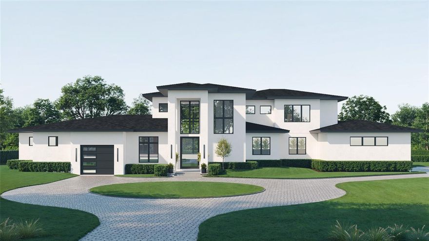 Pre-Construction. To be built. Discover this custom-designed contemporary home offering 5,752 square feet under air with four bedrooms, four full baths and two half baths. This magnificent estate home is to be built on an amazing lakefront property, ideally set on the northeastern shore of Lake Markham. A wide pivot door opens into a dramatic two-story foyer and great room with floor-to-ceiling glass, framing sweeping views of the pool and Lake Sylvan. A floating staircase and upstairs overlook enhance the sense of openness. The gourmet kitchen includes an oversized scullery, while the game room with wet bar flows to an expansive covered patio with summer kitchen, island and retractable screens. The owner’s suite features oversized dual closets, a spa-like bath with steam shower, and a private stackable washer and dryer. Three bedrooms with en suites upstairs offer comfort and privacy. Additional highlights include a large laundry with dog wash and dog run, air-conditioned storage, a future elevator, and a three-car garage with two-car and oversized single-car bays. Outdoor living shines with a pool, dock and beautifully designed landscaping.