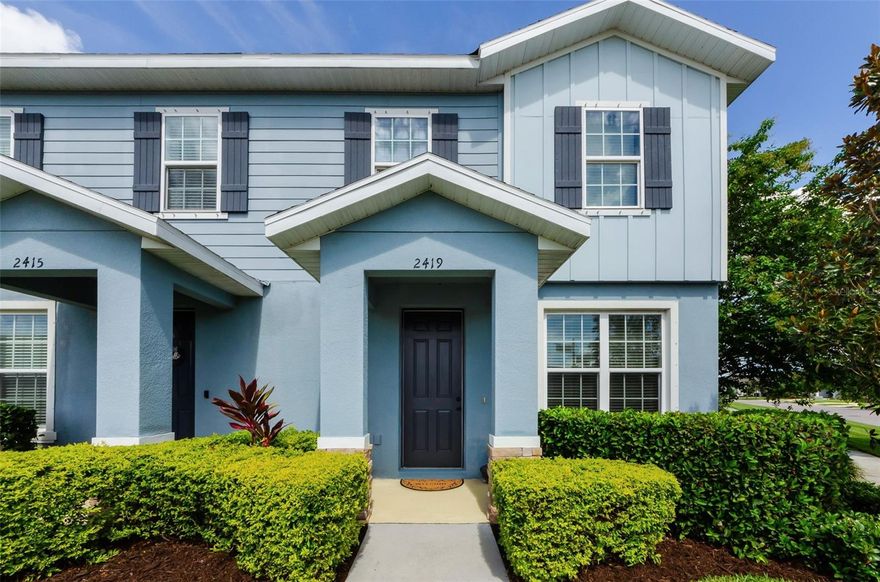 HOW WOULD YOU LIKE $$$ TOWARDS YOUR CLOSING COSTS? LET'S TALK! Welcome to 2419 Gathering Way in Asturia! Arguably one of the best, perfectly positioned townhomes in the community! This end-unit home is situated towards the rear of the sub-division, and just steps from scenic walking trails, green space and quaint walking bridges! Built just 5 years ago, this residence offers the ideal blend of modern luxury, privacy, and convenience. Inside, you're welcomed by brand-new aqua resilient flooring that complements the open-concept layout, this flooring carries up the stairs and to the upstairs hallway. You will LOVE all of the natural light this unit provides as it has the additional side windows end units are known for!  The expansive kitchen features granite countertops, stainless steel appliances, a gas stove (for inspired chefs!) and ample prep and storage space, perfect for living and entertaining. With 3 spacious bedrooms and 2.5 well appointed baths, this home includes a generous primary suite complete with ensuite bath and walk-in closet. Laundry is conveniently located upstairs near the bedrooms! Your outdoor patio is certainly ideal for a quite morning coffee, al fresco dining or an evening glass of wine, enhanced with pavers for design  appeal. You also have a detached garage for secure parking and additional storage, or perhaps a workshop or at home gym! Residents enjoy access to premium community amenities including a resort-style pool, clubhouse and fitness center! Don't miss this one! Room sizes are approximate and should be verified by buyer. CDD fee is included in taxes.