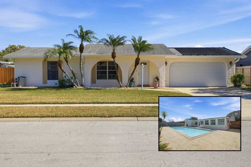 Well maintained 3- bedroom, 2 1/2 bath room home within the desirable and quiet Lantern Park subdivision of South Daytona. Split floor plan with all bedrooms featuring walk-in closets. This home features a covered front porch entry and fenced backyard. Open living and dining areas connect to a spacious Florida room overlooking the pool and patio for year-round indoor-outdoor use. Extra-large, elongated solar-heated pool designed for lap swimming and entertaining. Remodeled kitchen with white cabinetry, quartz countertops, and updated appliances. Glue-down vinyl flooring throughout the entire home. Two-car garage includes a convenient half bath. Roof, air conditioning, and water heater are all newer. Located near shopping, dining, schools, public transportation routes, major roadways, and area beaches.