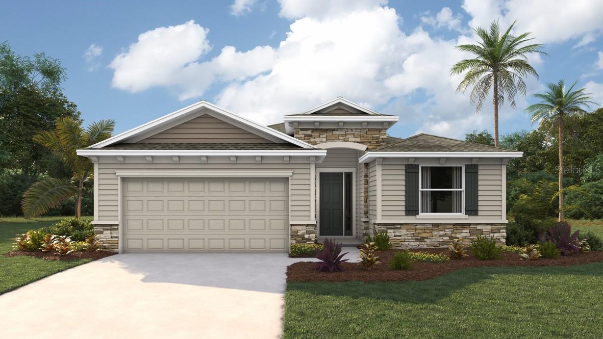 One or more photo(s) has been virtually staged. Under Construction. This one-story home has an open concept floor plan, featuring a spacious kitchen overlooking large living and dining areas that flow out to a covered lanai, a perfect place to relax or dine alfresco. At the front of the home, you will find two bedrooms that share a full bath, a laundry room off the garage, a fourth bedroom that is an optional den, and a powder bath. Bedroom 1 which includes Bathroom 1, is located at the back of the home for optimum privacy. This home comes with an installed stainless-steel dishwasher, range, and microwave. Pictures, photographs, colors, features, and sizes are for illustration purposes only and will vary from the homes as built. Home and community information including pricing, included features, terms, availability, and amenities are subject to change and prior sale at any time without notice or obligation. CRC057592.