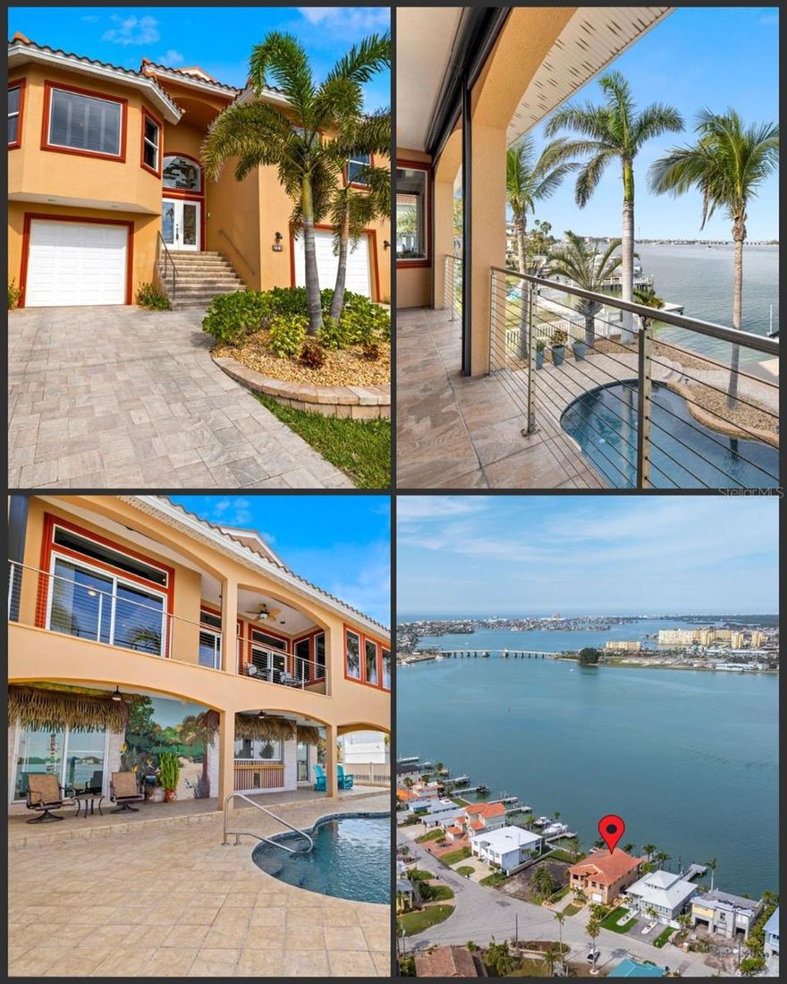 Welcome to this stunning Mediterranean-inspired waterfront retreat designed with timeless sophistication and coastal charm it's a masterpiece of coastal elegance. Built in 2007, this home is steeped in quiet elegance and rich history, with thoughtful nods to life on the water woven into its design—down to the graceful dolphin details in the handrails and subtle maritime touches throughout.
Here you will find unrivaled open-water views. Perched on one of the most coveted stretches of open water, this home offers panoramic vistas that will leave you breathless. Watch the dazzling Fourth of July fireworks, holiday boat parades, and daily sunsets and dolphins from the comfort of your private balconies, resort-style pool, or expansive composite dock—complete with two new boat lifts, wrapped pilings for longevity, and ample space for waterfront gatherings. And the magic doesn’t stop there—you’re almost guaranteed to spot dolphins daily, as they gracefully navigate the sparkling waters of the Intracoastal. Whether they’re playfully riding the wakes of passing boats or gliding effortlessly near your dock, these majestic creatures are a part of your everyday view, turning ordinary moments into unforgettable memories.
Enjoy elevated peace of mind with this home being built 4 feet higher than neighboring homes and then elevated with an elevator whose mechanicals on top ensure it's not at risk in storms, you’ll immediately notice the gentle incline of the paver-lined driveway, a thoughtful detail providing added resiliency. The home is fortified with hurricane-rated windows and doors, and electrical panel wired for a generator ensures comfort no matter the season.
This thoughtfully designed interior has 3 spacious bedrooms and 2.5 baths just under 2,700 sq ft with its 10-foot ceilings create an airy, open ambiance.
The primary suite is a true retreat, featuring breathtaking water views, a luxurious spa-like bath with dual shower heads, a garden tub, dual vanities, and an impressive 13x11 custom walk-in closet
The gourmet kitchen boasts stainless steel appliances, rich wood cabinetry with under cabinet lighting, sleek granite countertops, a large island with seating for six and lots of extra storage, and an adjacent light-filled dining area overlooking the water. 
The great room was designed to maximize water views, creating an effortless flow between indoor and outdoor living and great for entertaining too down to the elegant built-in custom bar, adorned with hand-blown glass knobs.
This flexible floor plan allows for dual primary suites on both sides of the home.
The oversized garage accommodates 3+ cars and a golf card if you want, with additional storage rooms, a charming granite-topped bar area that opens onto the pool area. Unlike typical drywall, the garage is finished with plaster walls for added durability and resiliency.
Two new elevated Trane AC systems installed.
Located just minutes from John’s Pass, the Elks Club, and a vibrant array of waterfront dining and entertainment options, this home is the epitome of luxury coastal living. Whether hosting unforgettable gatherings or enjoying peaceful sunset evenings, here is where memories are made, and waterfront dreams come true.
Experience waterfront living at its finest—schedule your private showing today - this home is turnkey ready for you. Check out the virtual tour.