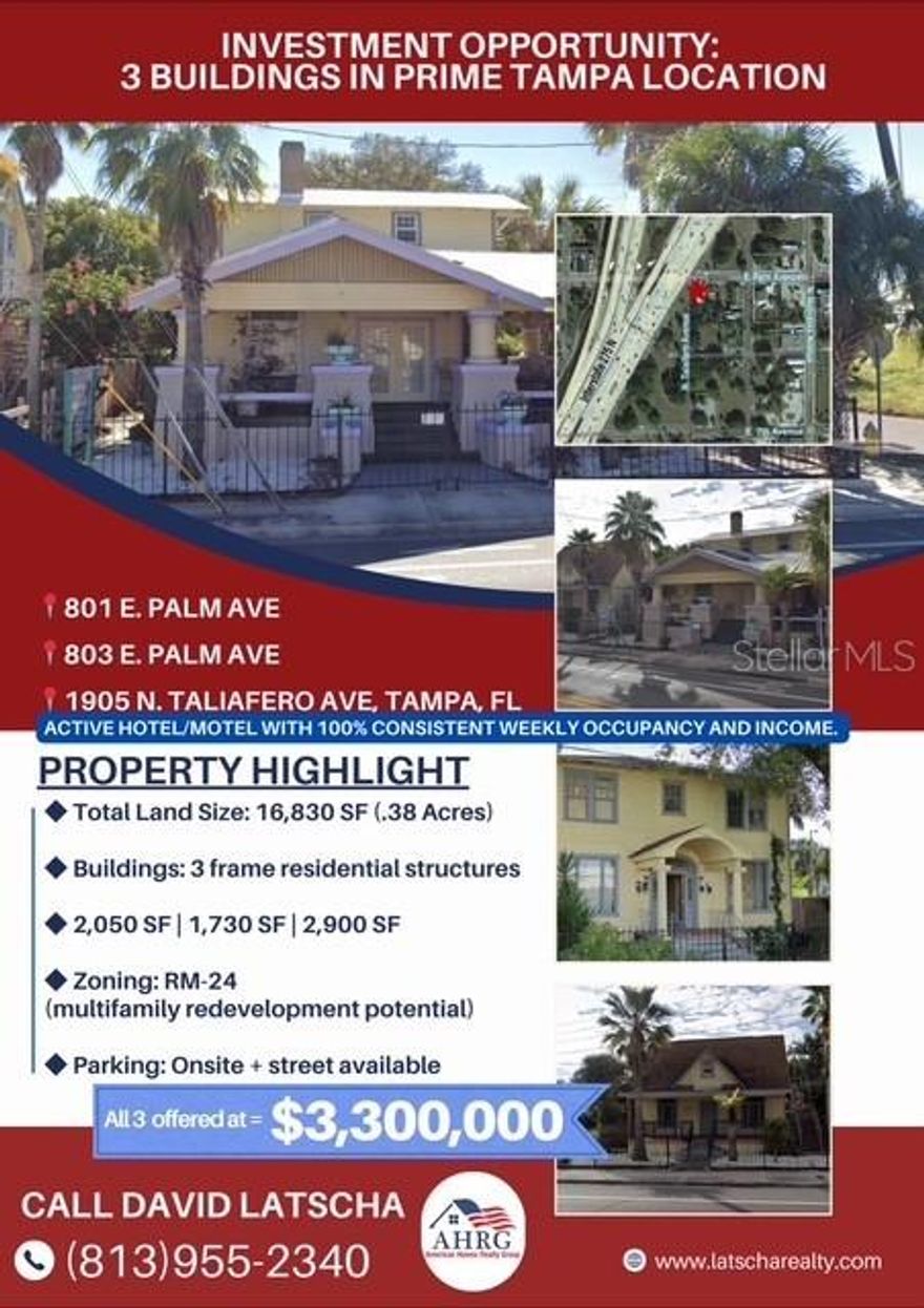 (NEW THE SELLER WILL NOW DO OWNER FINANCING!)This is one of three buildings that make up  "PALM VILLA HOSTEL'S" this one located on 801 E Palm Ave Tampa, FL * LODGING & HOSPITALITY AVIALABLE FOR INVESTMENT* Property goes with *803 E Palm Ave & 1905 Taliafero Ave as a group (together asking is $3,300,000.00)TURN KEY property already bringing in money daily as it OPERATES as a Full Occupancy Hotel-Motel Excellent for Bed and Breakfast opportunity for increased revenue(SEE APPOX MONTHLY FINCIALS in Listing) This is a Rare Investment Opportunity in the Tampa Heights Area of East Tampa. This Asset consists of 3 Historic Buildings offering 13 units that are leased individually with Daily and Weekly Rates...This property is ONLY minutes from Downtown Tampa, Channelside and Ybor City