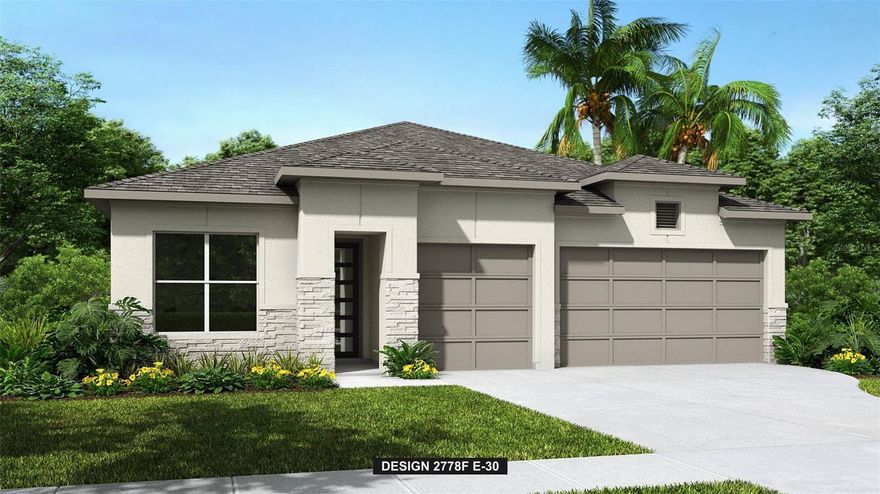 Under Construction. The front porch opens into the main entryway which greets you with a tray ceiling. French doors open into the home office which overlooks the front yard with a large window. A private guest suite is down the hall and features a linen closet, full bathroom and large walk-in closet. As you enter the kitchen you are greeted by an island with built-in seating, ample counter space, and a corner pantry. The dining area connects the space to the family room which boasts sliding glass doors overlooking the backyard covered lanai. The primary bedroom is off the main living space and offers ample natural light from its extended wall of windows. Double doors lead into the bathroom which features dual vanities, a freestanding tub, linen closet, glass enclosed shower, and two walk-in closets. Two additional secondary bedrooms with ample storage complete the space. The laundry room is located off the main hallway. The drop zone which features additional storage space leads to the three-car garage.