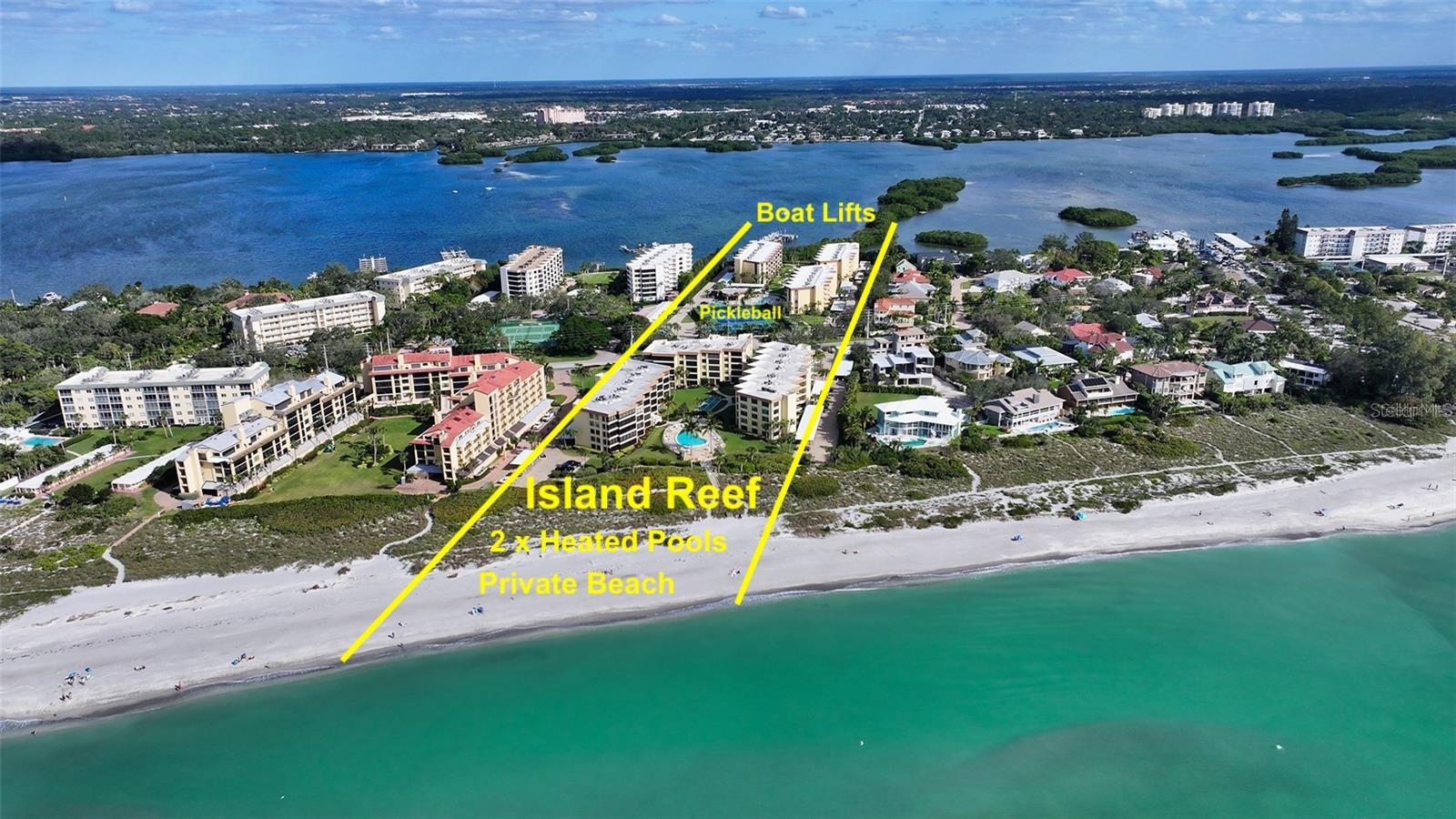 No Assessments. Beautiful Community w/Stable Financials. LUCRATIVE RENTAL INCOME OPPORTUNITY at this rare BEACH-TO-BAY COMMUNITY. Experience the Best of Siesta Key at Island Reef while your investment pays for itself and puts extra income in the bank.
This beautifully renovated 4th-floor condo offers views of Little Sarasota Bay and the Intracoastal Waterway. Move-in ready and tastefully furnished, this unit is perfect for personal enjoyment and / or rental income (MONTHLY RENTALS ALLOWED - SEE ATTACHED INCOME ANALYSIS).
The modern kitchen features granite countertops, white cabinetry, and seamlessly integrated clothes washer and dryer. The enclosed lanai, with sliding windows, provides a serene space to relax and take in the picturesque bay views. The spacious owner’s suite includes a generous walk-in closet. There is an additional spacious bedroom with an extra large closet and this unit has as separate owner’s closet to lock away personal belongings when rental guests arrive.
Island Reef is a sought-after Gulf-to-Bay community with an array of resort-style amenities, including private beach access, TWO heated pools, tennis and PICKLEBAL courts, a fitness center, clubhouse, grilling patios, shuffleboard, a pool table, video game room, library, and a vibrant social calendar including regular men's and women's golf outings. Boat docks are available on a first-come, first-served basis and the community allows you to INSTALL A BOAT LIFT in your BOAT SLIP.
Conveniently located, Island Reef is also just a short walk from three local restaurants, a full service marina with boat storage, boat rentals, and Turtle Beach playground. Plus, the FREE Siesta Key TROLLEY stops right at Island Reef, offering a hassle-free ride to Siesta Beach, Siesta Village, and all the attractions along Midnight Pass Road.
Paradise found. ALL ASSESSMENTS PAID. So, what are you waiting for? MIC DROP…Schedule your private showing today!