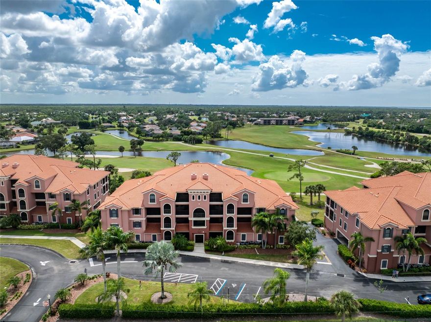 Breathtaking panoramic golf and pond views provide the perfect backdrop from this fabulous turnkey-furnished condo. This spacious two bedroom plus den residence is perched on the third level and is serviced by an elevator and two screened in staircases. Step inside to find an inviting open layout overlooking Burnt Store’s picturesque golf course. The main living area boasts tile flooring, a spacious dining room, and a breakfast bar that seamlessly connects the light-colored kitchen to the living space. The sprawling kitchen is equipped with abundant cabinetry that is sure to accommodate all of your kitchenware and serving pieces, with generous work surfaces and handy desk. A nice sized pantry allows you to store lots of groceries and goodies!  The family chef will be delighted by the brand new stainless steel appliances plus a reverse osmosis system under the sink. A cheerful breakfast nook offers direct access to the lanai and enjoys views of the golfers and wildlife below through the large window. Outdoor living is at its best with a large screened and tiled south facing lanai, which enjoys Florida sunshine all day. A great place to lounge with a good book or enjoy your favorite meal al fresco with friends and family. Unwind in the expansive primary suite which also has direct access to the lanai and dual walk-in closets. The bath offers dual sinks, tiled walk-in shower, and relaxing garden tub. A spacious den with double doorway is currently being used as a TV room, but can be used as an office or overflow bedroom by adding a set of French doors. The private guest wing provides a welcoming bedroom and bath, ensuring comfort and privacy for visitors. Additional highlights include a dedicated laundry room, impact glass windows, under-building parking with a private oversized two-car garage—plus an optional golf cart garage available for purchase separately. This privately gated condominium community offers direct access to the golf course and community via golf cart path, its own heated pool and spa, and had new roofs installed in 2023. Enjoy the vibrant lifestyle offered here - with Burnt Store Marina Country Club just steps away. Residents also enjoy access to two on-site restaurants, a fitness center with tennis and pickleball, and the largest deepwater marina in SWFL.
