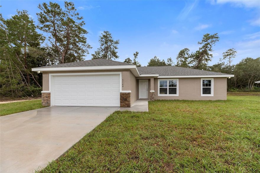 Wow! Rare opportunity to own a Well Built Brand New Home in the Desirable Community of Rolling Ranch Estates. This is the perfect location...just off of the paved road and only a few minutes from HWY 200 where you will find Hospitals and all the shopping you will need. This property is also a short drive to the city of Dunnellon which presents even more opportunities. And, of course, close to everything Central Florida has to offer. You will fall in love with the Quality Construction featuring a Very Spacious Kitchen with Granite Countertops, Plenty of Cabinets, lots of counterspace, a Large Island, and even a dedicated pantry. This home also boasts Luxury Vinyl Plank flooring throughout all living and common areas with tile in the bathrooms. This popular model features an Open, Split Bedroom floor plan with plenty of room in the living and dining areas, three bedrooms, and two baths with Tile Showers and Granite Countertops. There is even an Inside laundry room and a Walk-in closet in the Master bedroom. To top it all off, this home comes with a full Stainless Steel Appliance package! This is not an HOA community, but does have amenities such as Gorgeous Lakes, Tennis/pickleball courts, basketball courts, and more. Don’t Miss out!  Any photos depicted are for illustration purposes only and only to show layout. Some photos have been virtually staged. Floor plan displayed is our standard plan and garage orientation may vary on actual home. Interior and exterior colors, and finishes may vary for actual home. Information is deemed correct, but no guarantee is made. CO has been issued on this home.