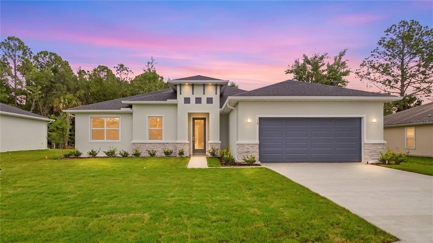 Brand new, fully completed, and energy efficient by Brite Homes, this Brite Future floor plan backs to a private preserve and showcases clean modern design with solid concrete block construction, offering a durable and low-maintenance living experience. Move-in ready and thoughtfully finished, it provides the advantage of new construction without the wait. The exterior delivers strong curb appeal with crisp architectural lines, a stone-accented front elevation, full gutter system, irrigation, and an upgraded modern front door that makes a striking first impression. Inside, tile flooring runs throughout with no carpet, creating a bright, open main living area ideal for everyday living and entertaining. The kitchen is well-appointed with quartz countertops, upgraded appliances, and 42-inch soft-close cabinetry, blending style and functionality. A flexible bonus space offers versatility for a home office, media room, or additional living area. The primary suite serves as a relaxing retreat with 9-foot-4-inch ceilings and a spacious walk-in closet. Living space extends outdoors to a covered lanai overlooking the preserve, offering added privacy and a peaceful natural backdrop. Located in the highly desirable S Section of Palm Coast, this southern location offers the rare benefit of no HOA or CDD fees while still providing convenient access to schools, parks, shopping, and dining, including close proximity to the new BJ’s Wholesale Club and Super Target. Enjoy easy drives to St. Augustine and Jacksonville, with Flagler Beach just minutes away. All information is deemed reliable but not guaranteed and should be verified by the buyer. Cameras may be recording audio and video inside and outside the property. Photos may be digitally enhanced and should be verified.

All information pertaining to the property is deemed reliable, but not guaranteed. Information to be verified by the Buyer. Be advised that cameras may exist recording audio and video inside/outside the property, such as ring doorbells. Photos are digitally enhanced and could be altered, please verify.