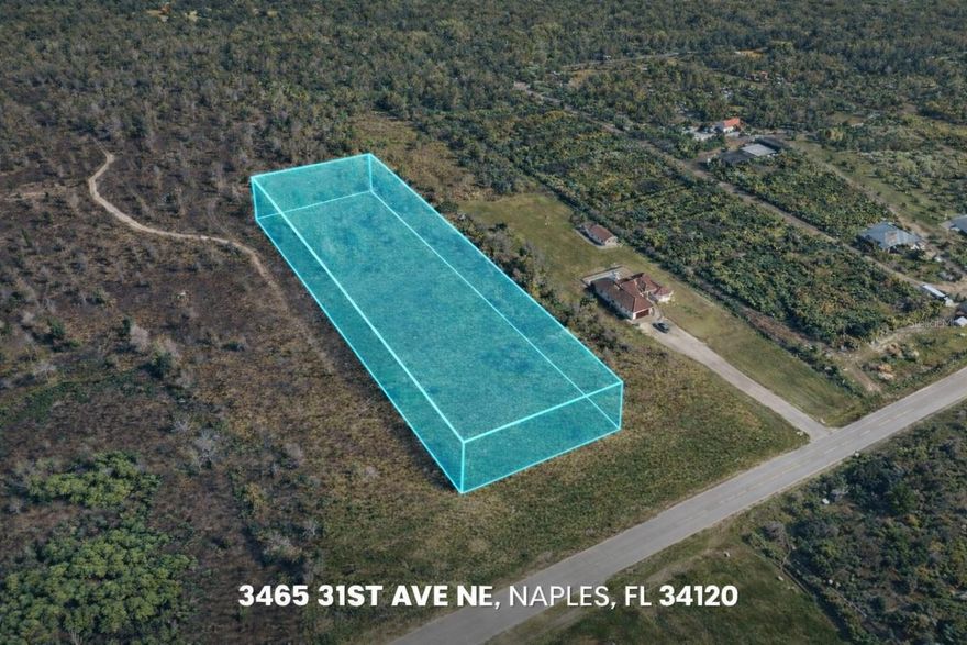 Build your dream home or invest in this residential lot located at 3465 31st Avenue NE in Naples, Florida. Situated in a quiet, rural setting, this property offers privacy and space while still being within reach of the conveniences of Naples. Enjoy the peaceful surroundings typical of the area, with no HOA and plenty of room to design a custom residence, guest home, or workshop (subject to county regulations). Convenient access to main roads allows for an easy drive to shopping, dining, beaches, and all that Southwest Florida has to offer. Cash purchase only. Buyer to pay all closing costs. Buyer to perform all due diligence regarding zoning, land use, utilities, and building requirements.