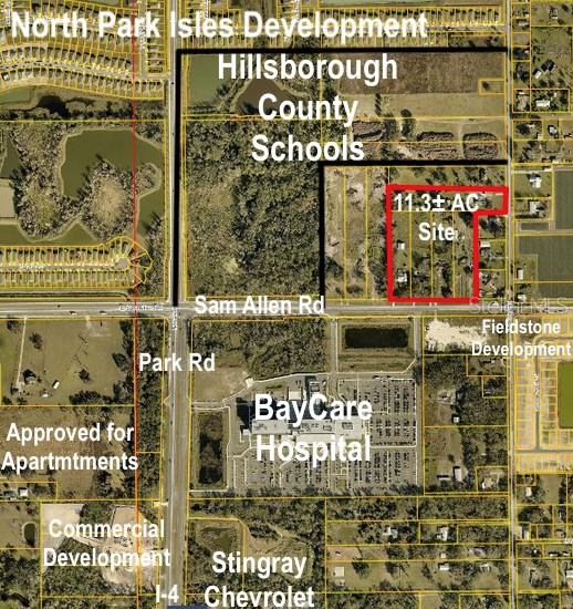 One of the last development tracts available. This property consists of 5 tracts totaling 11.3± acres along E Sam Allen Rd across from the new BayCare Hospital site. With 600'± of road frontage on Sam Allen and frontage along N Wilder Rd providing access on two different roads the property is right in the middle of the new growth area in northeast Plant City and between the North Park Isles (2,200 homes) and Varrea (2,400 homes) brings opportunity for development. The property will need to be annexed into the City Limits of Plant City and each parcel currently has occupied homes.