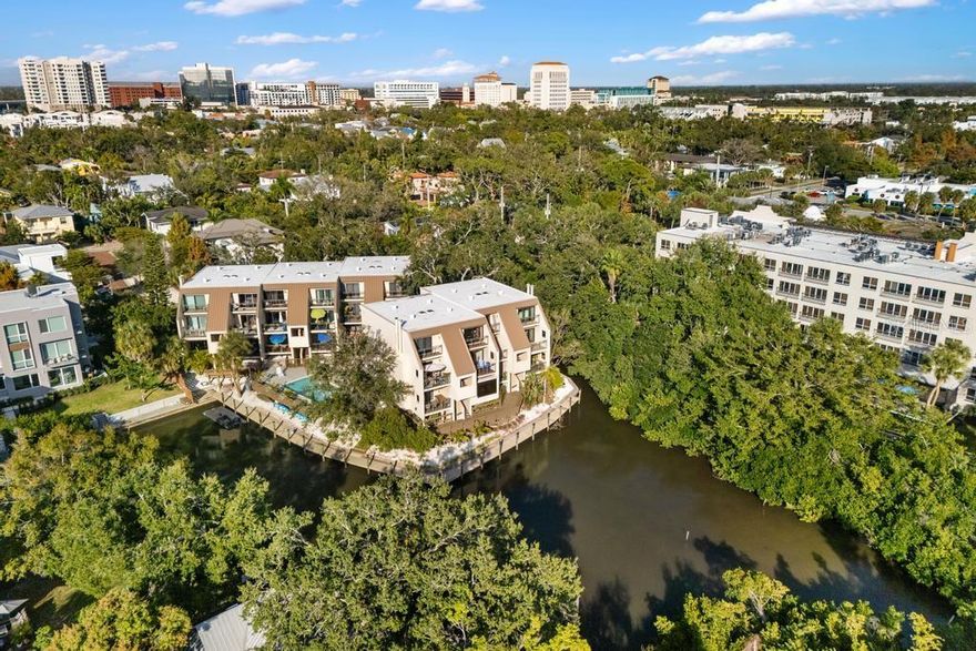 One or more photo(s) has been virtually staged. Buyer Incentive: Seller will pay THREE MONTHS of HOA dues as an incentive to buy.  Experience easy, coastal living in this two-story, two-bedroom, two-and-a-half-bath townhouse overlooking the tranquil Hudson Bayou with direct access to Sarasota Bay. This quaint waterfront community offers a private boat dock and kayak launch making it ideal for those who enjoy life on the water.

Perfectly situated in downtown Sarasota, you’re one block from Burns Court, three blocks from Main Street, and directly across from Selby Gardens and the Bayfront. The Legacy Trail, Lido & Siesta Key Beaches, and all the cultural, dining, and shopping amenities Sarasota is known for are just minutes away.

The setting is peaceful and leafy, surrounded by mature trees and adjacent to historic Laurel Park, creating a true neighborhood feel. Residents enjoy a pool and gas grill, while practical features include a garage with private EV hook-up and private storage room beneath the building.

A rare combination of walkability, waterfront access, and serenity, this home offers a high quality of life in one of Sarasota’s most desirable locations.