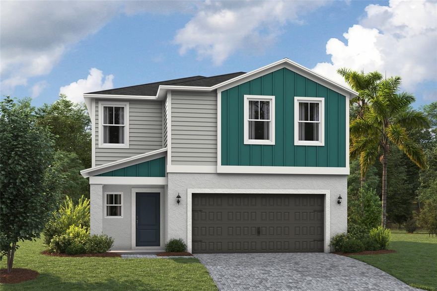 One or more photo(s) has been virtually staged. Under Construction. The Turquesa is the ultimate family haven, a two-story home featuring 4 bedrooms, 2.5 bathrooms and a private 2-car garage. This home offers an open concept living space designed for both relaxation and entertainment. The half bathroom off the foyer ensures every guest feels at home while the extended foyer opens to the main living and dining area. Featuring luxury vinyl plank flooring and convenient indoor-outdoor living with a lanai through sliding glass doors, it’s a haven of comfort and style perfect for gatherings. The kitchen includes stunning quartz countertops and sleek stainless-steel appliances. Enjoy the spacious upstairs recreation room and the convenience of a laundry room just steps away from the bedrooms. Did we mention the brand-new washer and dryer? The owner's suite is a secluded retreat with oversized his-and-her walk-in closets, dual vanity and a walk-in shower. Completing this expansive home is the smart thermostat with voice control and professionally designed landscaping, this is truly the epitome of family-friendly luxury! 
Experience the essence of community living at Two Rivers. Located North of Tampa, residents enjoy all the dining and shopping options the Wesley Chapel area has to offer while staying close to nature. This master-planned community is inspired by the surrounding nature, nestled within woods, grasslands, and water allowing homeowners to fully immerse themselves in the outdoors. Resort-style amenities add to the luxury of the Two Rivers lifestyle while a full calendar of events fosters a sense of community. 
Images shown are for illustrative purposes only and may differ from actual home. Completion date subject to change.