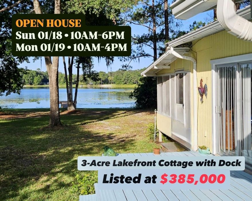 OPEN HOUSE: Sun 01/18 • 10AM-6PM & Mon 01/19 • 10AM-4PM *** Crystal-clear waters of Lak-A-Wana Lake just a short drive from Gainesville/UF/Shands. This charming updated 2-bed, 1-bath cottage NOT IN A FLOOD ZONE offers breathtaking lake views, a peaceful shaded porch, and a spacious 3-acre lot. Metal roof, minisplit AC, septic, well, water filtration system, impact windows, flooring, wooden decks and cabinetry — all just 4 to 5 years old. Property includes a large chicken coop, two storage sheds, and even a golf cart for convenient rides around the grounds. Nature lovers will enjoy serene sunsets from the dock, abundant wildlife, and the fresh air of true lakeside living. Enjoy paved roads to your property & low Putnam County taxes. This property is perfect for gardening, raising chickens, goats, or simply going off the grid. Whether you're seeking a full-time residence or a weekend escape, this rare lakefront offering checks every box. Private lake access, separate meter for RV hookup, no HOA. REALTOR-FRIENDLY AND PRICED TO SELL!