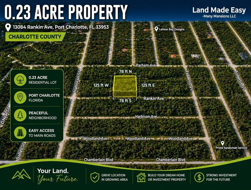 Build your future home or investment in one of Port Charlotte’s fastest-growing areas with this .23-acre residential lot. With dimensions of approximately 78x125, the property offers a clean, buildable layout surrounded by natural Florida landscape, providing both privacy and flexibility. Located just minutes from US-41, you’ll have convenient access to shopping, dining, and everyday essentials, while still being close to Gulf beaches, boating, and some of the best fishing on Florida’s west coast. Centennial Park is nearby, offering trails, sports fields, and outdoor recreation. The property is zoned for single-family, modular, or manufactured homes, subject to county approval (buyer to verify), making it a versatile option for future plans. Power is available in the area (buyer to verify), and well and septic are typical for the area. With low holding costs, including an HOA of approximately $6/month, this property presents a strong opportunity for both end-users and investors in a growing Florida market."