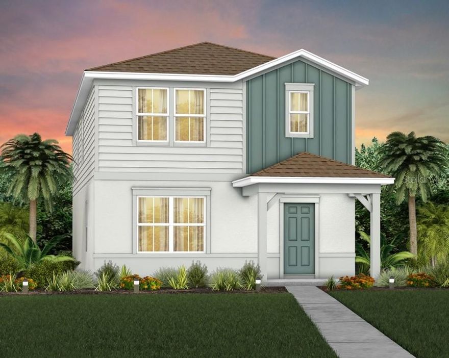 EverBe is a new master planned community where convenience and connections combine to create a new standard for home. Located in Orlando with quick access to 417 & 528, this lifestyle community will offer miles of pathways & trails, wi-fi-enabled green spaces, unique outdoor recreation areas, a fitness center, a clubhouse complex with resort pool, 2G internet, and a waterfront amenity and town center. Get excited for EverBe - everything home should ever be!
Introducing the Haddock bungalow, a brand-new home that combines modern design and ultimate comfort, featuring 3 spacious bedrooms, 2 full bathrooms, a powder room, and a 2-car rear-load attached garage. The heart of the home is the open-concept kitchen, café, and gathering room, all bathed in natural light. This inviting space is perfect for both everyday living and entertaining. The kitchen boasts a large center island, a convenient storage pantry, and top-of-the-line Whirlpool stainless steel appliances—including a refrigerator and vented microwave. Tilden white cabinets, a decorative tile backsplash, and quartz countertops complete the sophisticated look. For added convenience, the first floor includes a powder room and coat closet. Upstairs, you’ll find the private owner’s suite, two additional bedrooms, a second full bathroom, and the laundry closet. The owner’s suite is a true retreat, featuring a walk-in closet and a luxurious en suite bathroom with a frameless glass-enclosed shower, quartz-topped dual vanity, private water closet, and linen closet. Throughout the first floor, laundry room, and bathrooms enjoy the beauty of tile flooring. Plush, stain-resistant Shaw carpet covers the stairs, loft, and bedrooms, adding comfort and style. Smart home features include a smart thermostat, a smart doorbell, and additional LED downlights—ensuring your home is as connected as it is stunning. This new construction home perfectly blends luxury, convenience, and modern design, making it the ideal place to live and unwind.