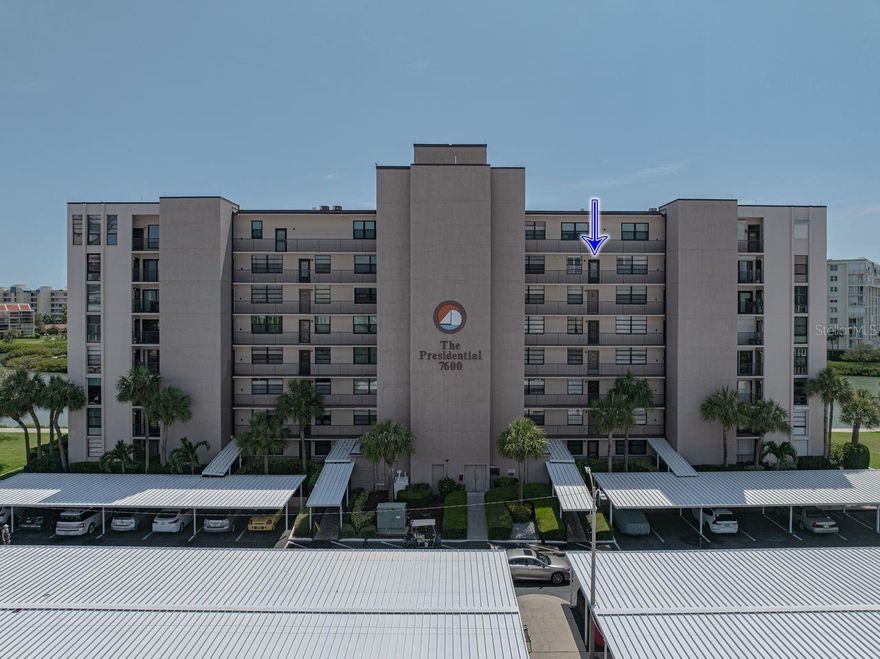 Enjoy living in one of the most beautiful cities in Florida. Bay Island is a great community for having the Florida lifestyle! This 7th floor condo is in the Presidential Building - which wasn't damaged in the hurricanes! Open floor plan with balcony that overlooks the intracoastal waterway and Marina next door! Foyer, Kitchen and Bath have beautiful tile floors. The living room, dining and bedroom have luxury vinyl floors. The kitchen is spacious with upscale appliances and solid surface counters and room to eat in! The Bedroom is oversized with a king size bed and two large closets with custom designed shutters on the doors and windows.There is a stacked washer and dryer in the unit and a tankless hot water heater. The balcony is fully screened and has hurricane shutters. Bay Island has wonderful amenities with six swimming pools, jacuzzis at two of them, his and her fully stocked gyms, tennis courts, pickle ball courts, shuffle board courts, darts, pool tables, card room, management office on site. The community is gated with a 24 hr guard on site. There is a Marina with boat slips available for rent on a first come basis for an additional fee. The HOA fee covers wi-fi, basic cable, water, sewer, landscaping, maintenance, swimming pool upkeep and insurance. St. Pete Beach is nearby and downtown St. Pete has all of the night life and restaurants. Tampa International Airport is a 30 minute drive. Agent is owner.