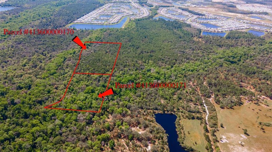 Two parcels totaling 10.5 acres. Must be sold together with the adjoining parcel. Mostly wooded with a creek flowing between the two parcels.  Location is west of 95 between Margaritaville and Avalon Park subdivisions. Great investment and development potential. Zoned for single-family housing.