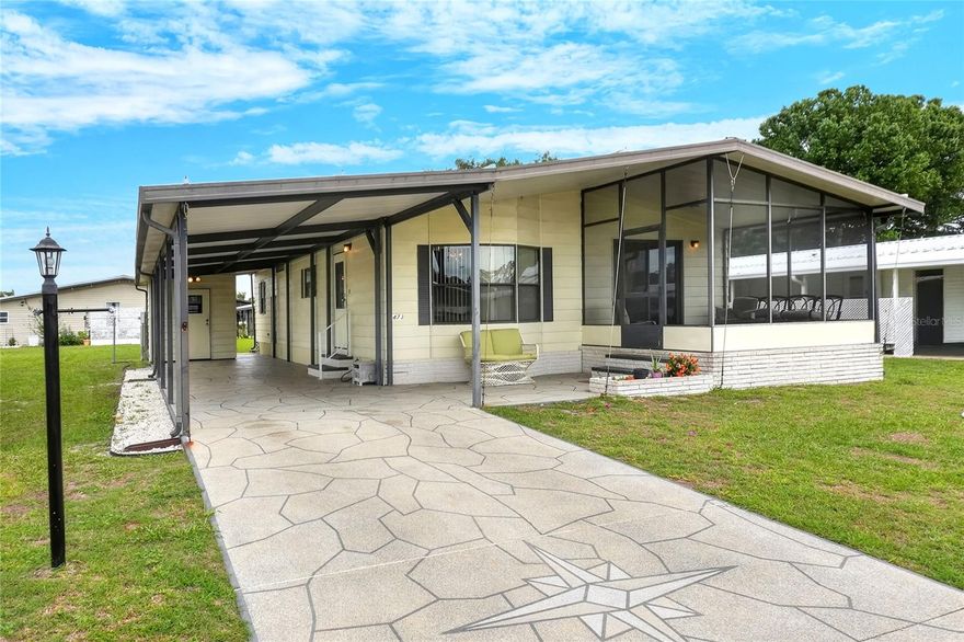 EASY TO SEE, SCHEDULE YOU'RE VIEWING NOW! NO LOT RENT HERE....YOU OWN IT! OFFERED PARTIALLY FURNISHED, KITCHEN APPLIANCES AND INSIDE LAUNDRY WASHER, DRYER ALSO INCLUDED. THIS HOME FEATURES UPDATES INCLUDING NEW CENTRAL A/C /Heat pump 2026, NEW ALUMINUM ROOF 2024, PVC/CPVC WHOLE HOUSE PLUMBIMG. ALSO FEATURING 12X40 CARPORT AND 13x10 SOUTH FACING SCREEN ENCLOSED PORCH PLUS A 14x10 COVERED PATIO. BROOKHAVEN VILLAGE A STABLE WELL ESTABLISHED AND-MAINTAINED COMFORTABLE AND QUIET, AGE 55+ CENTRAL FLORIDA COMMUNITY. VERY AFFORDABLE HOA FEE JUST $34.00 MONTHLY (PAID ANNUALLY) INCLUDES USE OF COMMUNITY CLUBHOUSE, HEATED POOL and SHUFFLEBOARD. THE COMMNUITY ALSO HAS AN RV, BOAT/TRAILER, FENCED STORAGE PARKING AREA. THIS HOME IS PERFECT FOR SUNNY SEASONAL OR YEAR AROUND LIVING! QUICK RESPONSE TO OFFERS. TAKE A LOOK!