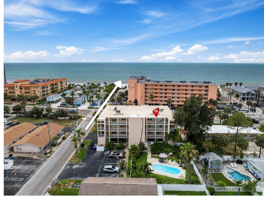 RARE OVERSIZED PENTHOUSE CONDO | FULLY FURNISHED TURN-KEY | SHORT-TERM RENTALS ALLOWED | PET FRIENDLY.
Coastal living meets investment opportunity in this RARE top-floor 3 bedroom, 2 bathroom condo offering over 2,200 square feet of living space in the heart of Indian Rocks Beach. Perfectly positioned just steps from the sand with DIRECT BEACH ACCESS across the street, this spacious residence is currently a successful income-producing Airbnb and offers the ideal blend of personal beach retreat and investment property.

Inside, you’ll find an expansive open-concept layout designed for gathering and entertaining, featuring an oversized living and dining area that flows seamlessly to the 47 ft LARGE BALCONY, where you can enjoy beautiful Gulf views and coastal breezes. The kitchen offers abundant cabinetry, ample counter space, and a huge pantry for exceptional storage.

The OVERSIZED PRIMARY SUITE offers room for a sitting area or coffee bar, along with a remodeled ensuite bath, linen storage, and a spacious walk-in closet. The second & third bedrooms are spacious and comfortably accommodate family and guests, making this condo ideal for large groups and vacation rentals alike.

Additional highlights include a fully stocked storage closet with all the beach necessities, in-unit laundry with FULL-SIZE WASHER & DRYER, TWO ASSIGNED UNDER-BUILDING PARKING SPACES, and plenty of storage throughout. Whether you are looking for a full-time residence, vacation getaway, or turnkey investment property, this condo checks every box.

Enjoy the laid-back beach lifestyle with restaurants, shops, entertainment, and the sandy shores of Indian Rocks Beach just moments away. Opportunities to own a condo of this size in such a prime beach location are rare!