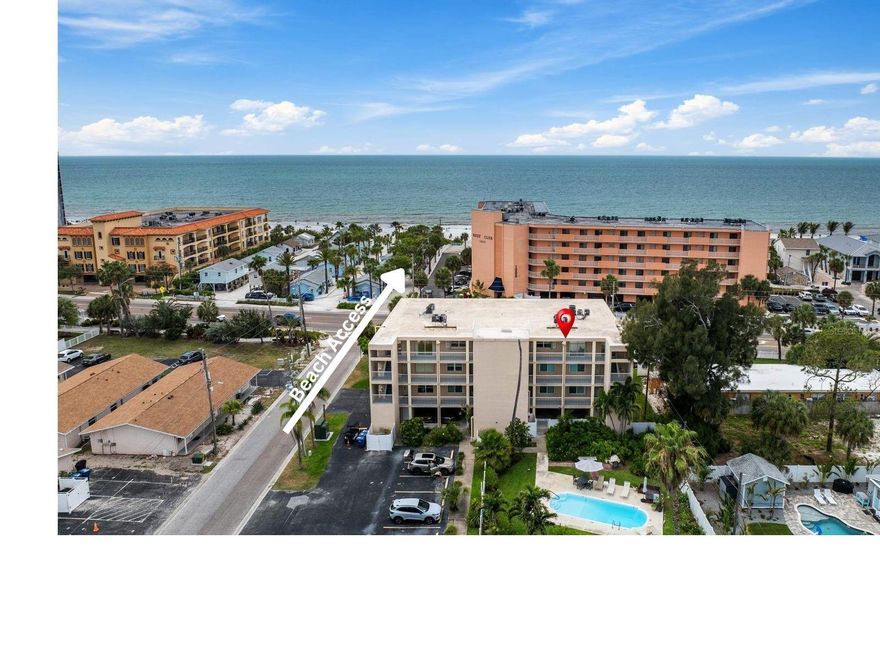 RARE OVERSIZED PENTHOUSE CONDO | FULLY FURNISHED TURN-KEY | SHORT-TERM RENTALS ALLOWED | PET FRIENDLY.
Coastal living meets investment opportunity in this RARE top-floor 3 bedroom, 2 bathroom condo offering over 2,200 square feet of living space in the heart of Indian Rocks Beach. Perfectly positioned just steps from the sand with DIRECT BEACH ACCESS across the street, this spacious residence is currently a successful income-producing Airbnb and offers the ideal blend of personal beach retreat and investment property.

Inside, you’ll find an expansive open-concept layout designed for gathering and entertaining, featuring an oversized living and dining area that flows seamlessly to the 47 ft LARGE BALCONY, where you can enjoy beautiful Gulf views and coastal breezes. The kitchen offers abundant cabinetry, ample counter space, and a huge pantry for exceptional storage.

The OVERSIZED PRIMARY SUITE offers room for a sitting area or coffee bar, along with a remodeled ensuite bath, linen storage, and a spacious walk-in closet. The second & third bedrooms are spacious and comfortably accommodate family and guests, making this condo ideal for large groups and vacation rentals alike.

Additional highlights include a fully stocked storage closet with all the beach necessities, in-unit laundry with FULL-SIZE WASHER & DRYER, TWO ASSIGNED UNDER-BUILDING PARKING SPACES, and plenty of storage throughout. Whether you are looking for a full-time residence, vacation getaway, or turnkey investment property, this condo checks every box.

Enjoy the laid-back beach lifestyle with restaurants, shops, entertainment, and the sandy shores of Indian Rocks Beach just moments away. Opportunities to own a condo of this size in such a prime beach location are rare!
