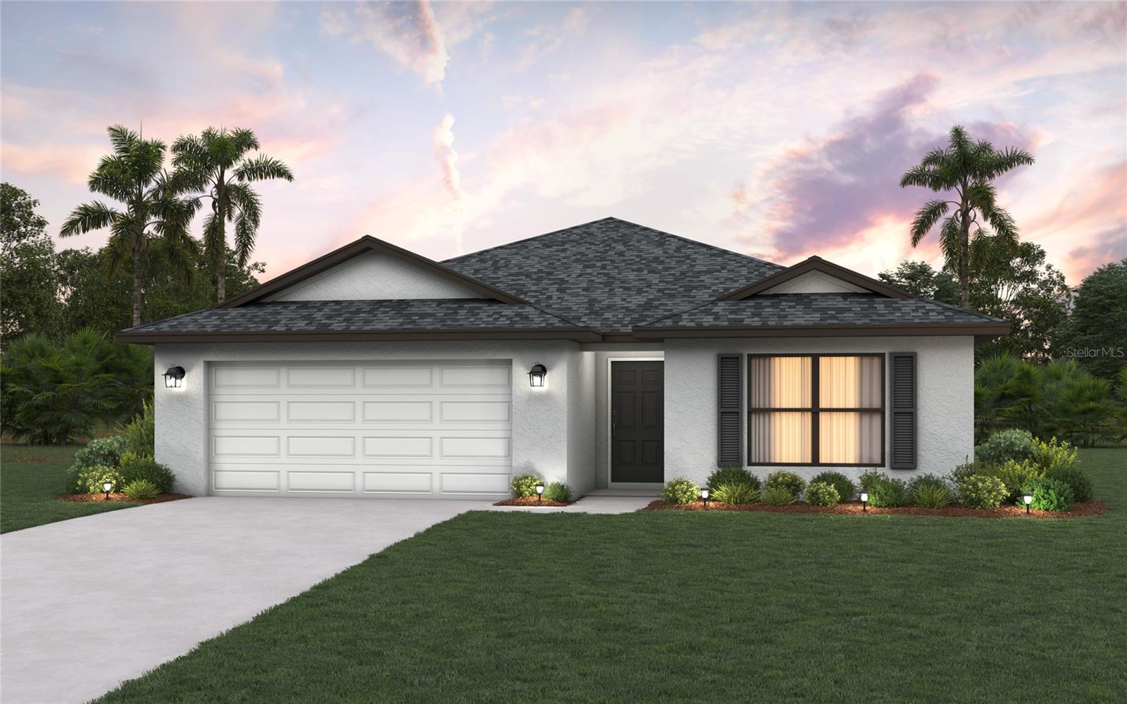 NEW CONSTRUCTION WITH WARRANTY! ** MOVE-IN-READY ** The Palm delivers 1,550 sq ft of living space featuring a large Great Room under a vaulted ceiling and the private covered lanai just outside the sliding glass doors, perfect for indoor-outdoor entertaining. At the heart of this open floor plan, the kitchen boasts a freestanding island and walk-in pantry next to the dining room with a tray ceiling that's filled with natural light. The primary suite features a walk-in closet and bathroom with a dual-sink vanity, shower, and extra storage in the linen closet. This home boasts hurricane-impact windows and doors, designer cabinetry in the kitchen and bathrooms, a stainless steel range, microwave, and dishwasher, paver driveway, and an attached two-car garage. Photos are of completed property, colors and finishes may vary.