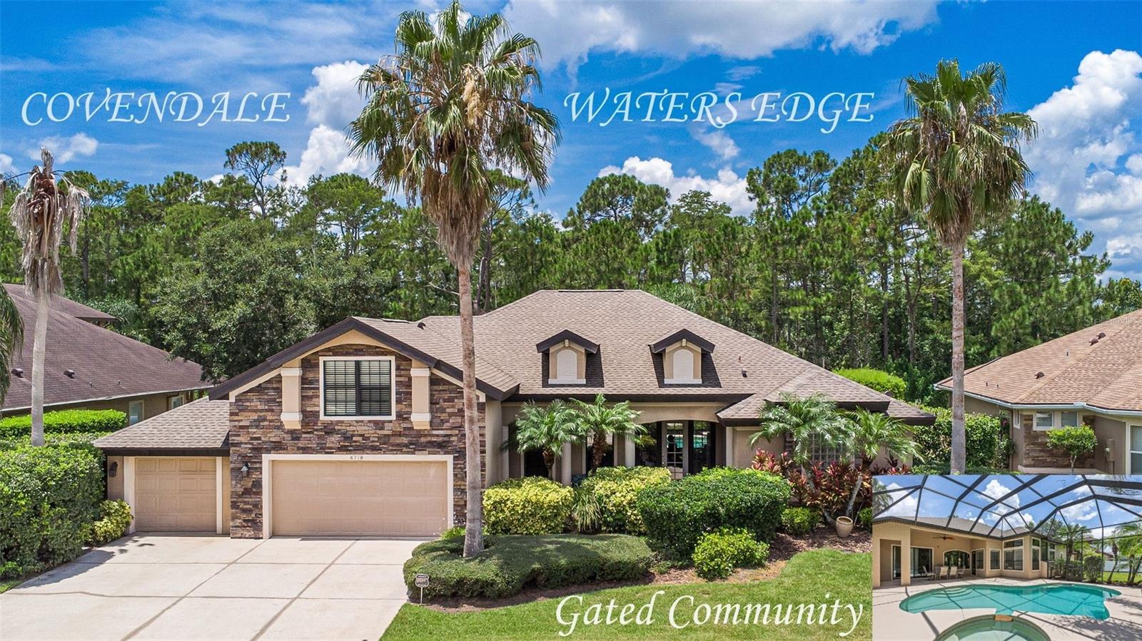 Priced to Sell!! Welcome to this stunning 5-bedroom, 3-bathroom home, perfectly situated within the desirable gated Covendale Community of Waters Edge. Built in 2004, this spacious residence offers 2,881 square feet of meticulously designed living space, ideal for families seeking comfort and convenience. Step inside to discover an inviting open floor plan in natural light, featuring 12-foot ceilings and a split floor plan for enhanced privacy. The home boasts two distinct living areas, one with a cozy fireplace, providing ample space for relaxation and entertaining. A private upstairs guest suite with its own dedicated bathroom offers a perfect retreat for visitors.
Outside, a private oasis awaits with a heated pool and spa enclosed within a screen enclosure, promising year-year enjoyment. The larger 0.3-acre lot provides ample backyard space to play and enjoy outdoor life. Situated on a green nature preserve, the property offers natural privacy and an outdoor feel. For added peace of mind, the home is equipped with a comprehensive security system.
This exceptional home offers unparalleled convenience, with walking distance access to Airport Road Park and its lively family activities, as well as nearby elementary and middle schools. Its prime location provides easy access to I-95, the Port Orange Pavilion, area hospitals, diverse shopping plazas, and numerous parks and recreational facilities.