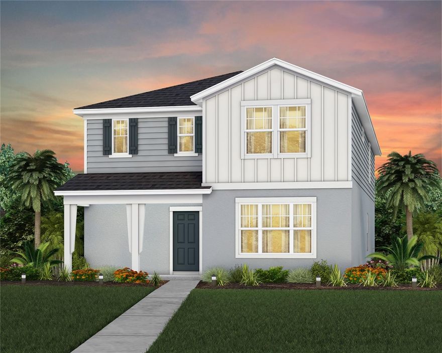 Under Construction. Explore The Landings at Live Oak Lake, a new single-family home community blending city charm with a distinct identity, all without a CDD. Situated between downtown St. Cloud and Lake Nona, it offers private amenities such as a pool & cabana, playground, trails, and playfield amidst serene ponds and conservation homesites.
Introducing the Talbot bungalow by Pulte, a luxurious new construction home that masterfully blends modern design with everyday convenience. This Farmhouse-inspired home offers 5 bedrooms, 3 bathrooms, a loft, a covered lanai, and a 2-car rear-load garage—creating a space that is both stylish and functional. As you enter, a stunning wrap-around staircase sets the tone, leading into an open-concept living area designed for effortless flow. A private hallway off the foyer features a guest bedroom and full bath, providing a perfect space for visitors. The heart of the home is an expansive kitchen, café, and gathering room, all with seamless access to the covered lanai, ideal for indoor-outdoor living. The chef’s kitchen is a standout with its large center island, corner walk-in pantry, and Whirlpool stainless steel appliances, including a refrigerator. Tilden Stone Gray cabinetry, a decorative tile backsplash, and Lyra quartz countertops add sophistication and practicality to the space. Upstairs, the luxurious owner’s suite is tucked away at the front of the home for ultimate privacy. The spa-inspired en suite bathroom features a glass-enclosed shower, a quartz-topped dual vanity, and a spacious walk-in closet, offering a true sanctuary. Three additional bedrooms, located down their own private hallway, share a full bathroom, ensuring comfort and privacy. The second floor also boasts two linen closets, a laundry room, and a large loft area, perfect for flexible living. Thoughtful luxury touches throughout the home include wood-look luxury vinyl plank flooring on the first floor (except for the first-floor bedroom, which is carpeted with plush, stain-resistant Shaw brand carpet), carpeting on the staircase and second-floor bedrooms, tile flooring in the bathrooms and laundry room, a washer and dryer, 2” faux wood blinds, and pre-wiring for pendant lighting. Smart home features like a smart thermostat, video doorbell, and LED downlights make this home as connected as it is beautiful. With its combination of luxury, convenience, and modern design, the Talbot bungalow is the perfect place to live and unwind in style.