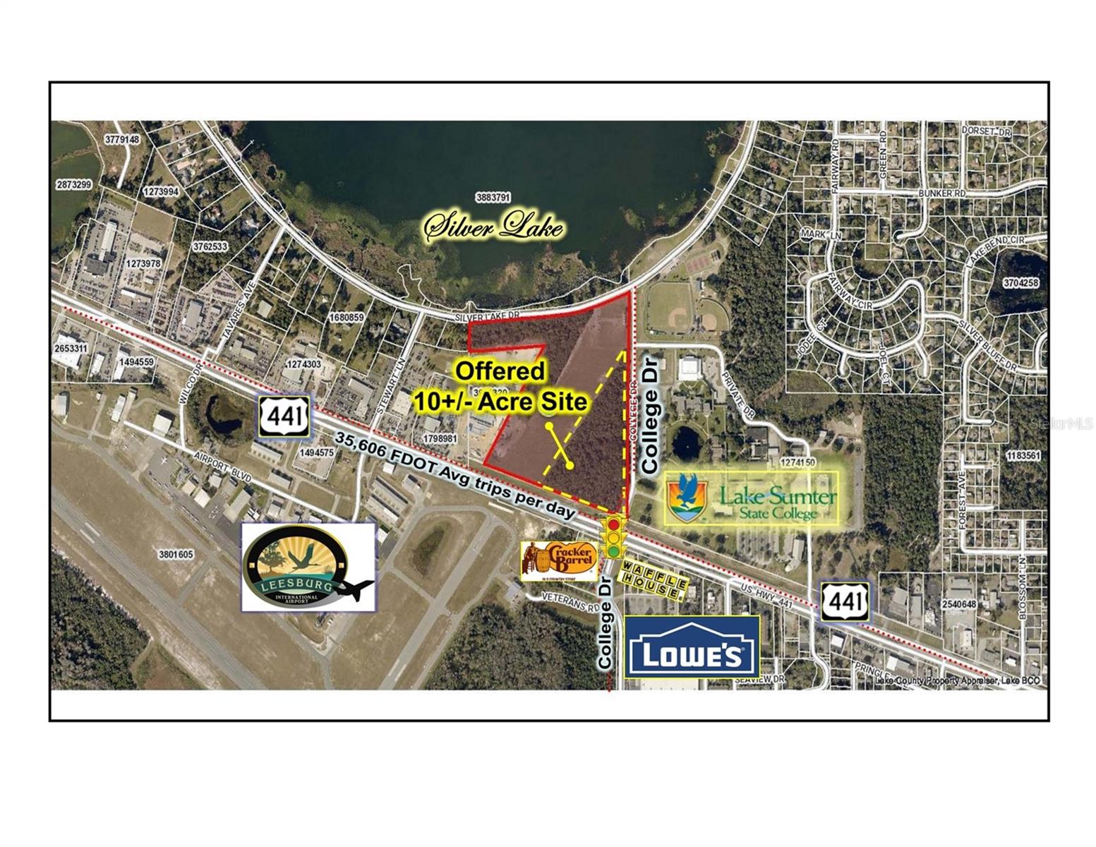 Offering is for a US Hwy 441 signalized corner at College Dr, 10+/- acres with 6.545+/- acres buildable. Total acreage is 32.33+/- property will be divided at closing. Property is zoned P, City of Leesburg, with 710'+/- Ft On US Hwy 441 & 1,270'+/- Ft on College Dr, FDOT 30,565 avg trip per day, Site has excellent US 441 visibility and easy access. Seller is the city of Leesburg and the 3.87+/- Acres that can not be built on is due to FAA height restrictions. Property is heavily wooded. The current "P" zoning permits everything from multi family, office, medical, retail, including vehicle sales plus many other opportunities. This US Hwy 441 commercial, hospitality, retail corridor is among the busiest in Lake County with a central location between UF Health Leesburg and Adventhealth Waterman Tavares. Site is across from the Leesburg International Airport and Lake Sumter State College, as well as a short drive to The Villages the largest retirement community in the US. This property is an excellent opportunity for an experienced developer or investor. All information is believed accurate and correct but not guaranteed or warranted and subject to change without notice.