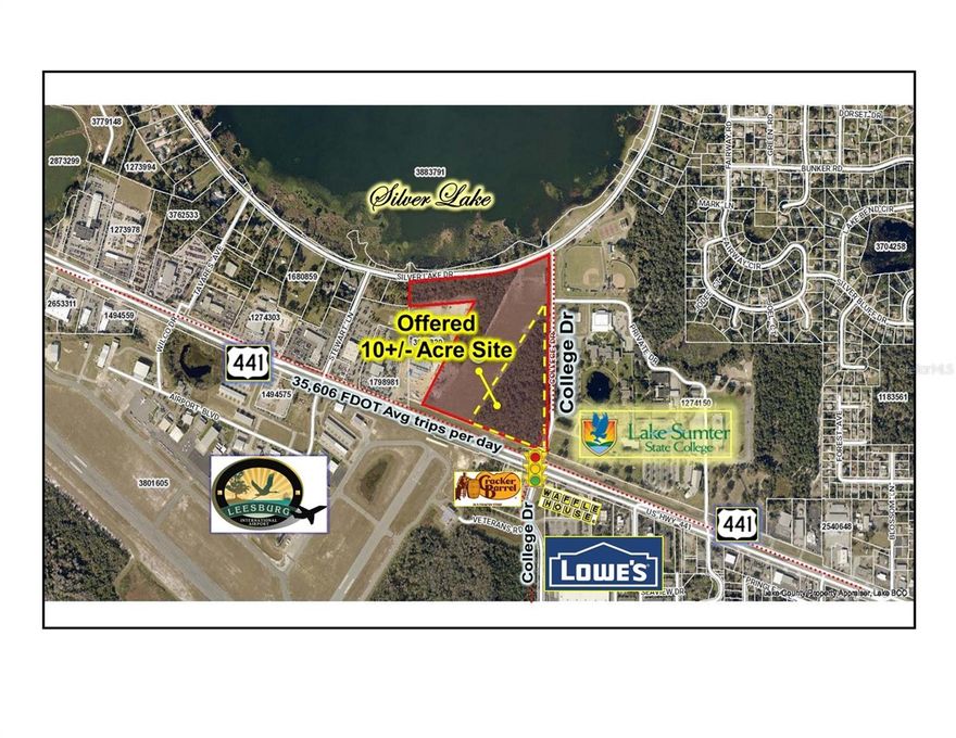 Offering is for a US Hwy 441 signalized corner at College Dr, 10+/- acres with 6.545+/- acres buildable. Total acreage is 32.33+/- property will be divided at closing. Property is zoned P,  City of Leesburg, with 710'+/- Ft On US Hwy 441 & 1,270'+/- Ft on College Dr, FDOT 30,565 avg trip per day, Site has excellent US 441 visibility and easy access. Seller is the city of Leesburg and the 3.87+/- Acres that can not be built on is due to FAA height restrictions. Property is heavily wooded. The current  "P" zoning permits everything from multi family, office, medical, retail, including vehicle sales plus many other opportunities. This US Hwy 441 commercial, hospitality, retail corridor is among the busiest in Lake County with a central location between UF Health Leesburg and Adventhealth Waterman Tavares. Site is across from the Leesburg International Airport and Lake Sumter State College, as well as a short drive to The Villages the largest retirement community in the US. This property is an excellent opportunity for an experienced  developer or investor. All information is believed accurate and correct but not guaranteed or warranted and subject to change without notice.