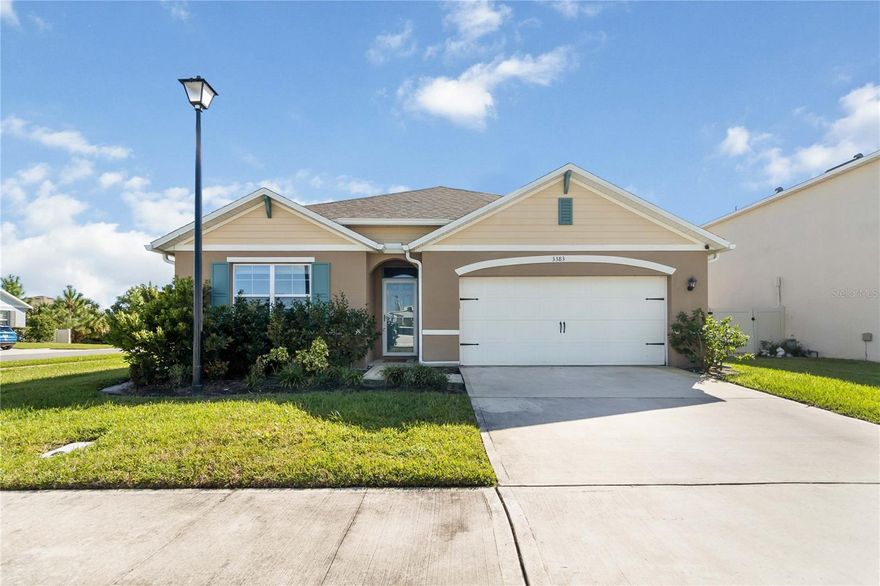 Come See Your New Home!!! This north-facing home receives the sun side to side, allowing Florida’s beautiful sunlight to flow freely throughout as it energizes each day. The 4 bedroom, 2 bathroom floor plan provides a triple split bedroom arrangement for privacy, keeping the primary suite in the back of the home and the secondary bedrooms up front. Two secondary bedrooms are on one side of the home with a bathroom in between them, and the remaining bedroom is on the other side of the home. None of the bedrooms share a wall. Privacy! The common areas are open concept for easy gathering & entertaining, and tile floors protect these high traffic spaces. The eat-in kitchen has a walk-in pantry, there are granite countertops throughout, and the dining area exits out onto a covered lanai for your choice of indoor/outdoor dining. This well-loved home was built on a premium corner lot in 2021 by D.R. Horton. These original owners have lovingly made improvements by adding window blinds, kitchen backsplash, smart ceiling fan in living room with adjustable color temperature, washer & dryer, water softener/filtration for whole house + under kitchen sink, epoxy floors in the garage along with a garage door motor & 240V outlet, plywood in the attic for storage, surveillance cameras, gutters, and a front storm door for the option of even more beautiful natural light. Bonus: The waterfront community pool & tot lot are approximately a quarter mile away! THIS is your next home sweet home!