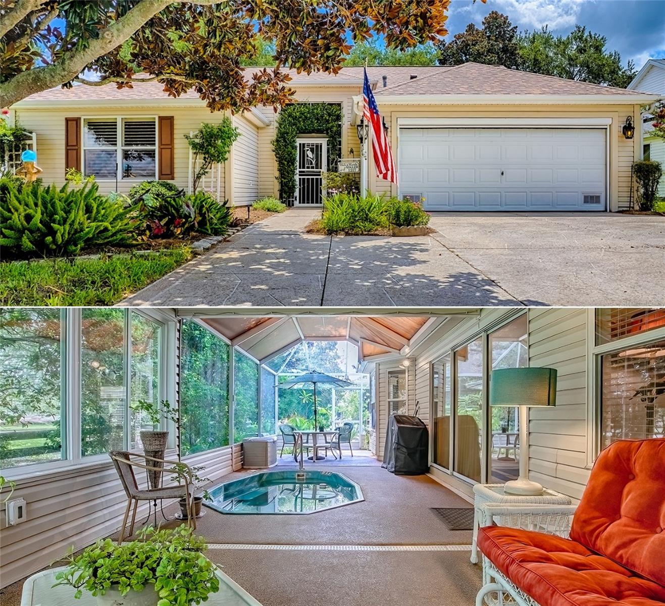 Experience refined Florida living in this custom Flagler Designer residence featuring 3 bedrooms and 2 bathrooms. Enjoy the outdoors on the 38’ x 13’ lanai, which includes a 5’ x 10’ SWIM SPA - ideal for entertaining guests or simply enjoying a relaxing evening at home. The property is GAS-POWERED, allowing you to cook with ease in the open kitchen equipped with stainless steel appliances, hard surface countertops, ample cabinetry, and a built-in desk area for a convenient workspace. Value-added features include CROWN MOLDING throughout the entry, living room, dining room, dinette, kitchen, primary bedroom, and bath, adding a touch of elegance to the home. The remodeled primary bathroom offers a spacious walk-in closet, decorative shelving, wainscoting, a walk-in shower, and recessed lighting. Four SOLAR TUBES provide natural light in the living room, dining room, guest bathroom, and garage. Maintenance updates include a NEW ROOF in 2021, and a gas HVAC system installed in 2016. The interior laundry room is outfitted with overhead storage cabinets and floor-to-ceiling cabinetry, perfect for pantry expansion. Dinette bay windows feature window seats with additional storage and wooden cornices complementing the crown molding. The garage accommodates a workshop or freezer and is equipped with an ELECTRONIC RETRACTABLE SCREEN, while an adjoining parking pad provides convenient guest parking. An additional benefit includes a transferable termite service contract. Furnishings are available for purchase through an estate sale. This home is conveniently located minutes from The Villages’ town squares, medical facilities, shopping, recreation, restaurants, and more. EXCEPTIONAL VALUE! Newer Roof! A SWIM SPA! Open Kitchen! CROWN MOLDING! Bond paid! MAKE THIS OUTSTANDING PROPERTY YOUR NEW HOME TODAY!