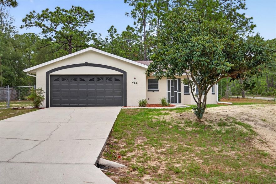 Turn-Key & Move-In Ready in Citrus Springs! Don't miss this beautifully updated 3-bedroom, 2-bath, 2-car garage home situated on a fully fenced 87 x 125 corner lot. Freshly painted inside and out, this home features brand-new 7MM thick waterproof laminate flooring throughout with no carpet anywhere. The chef's kitchen impresses with new real wood soft-close cabinets and drawers, Arctic White quartz countertops, and a new stainless steel Frigidaire appliance package backed by a 1-year manufacturer's warranty. The open floor plan with soaring vaulted ceilings and 9 windows in the living area floods the space with natural light. Updates continue throughout with brand-new interior doors, blinds, toilets, and bath vanities, making this home truly move-in ready from top to bottom. Step outside and enjoy the 10 x 15 screened porch, perfect for relaxing or entertaining while taking in the Florida weather. Major mechanicals are already done for you: energy-efficient AC installed December 2025, roof replaced in 2018, and a brand-new nitrogen-reduction drainfield just installed.
Located on the south side of Citrus Springs, you're just minutes from shopping, dining, and the new SunCoast Parkway entrance for an easy commute to Tampa.