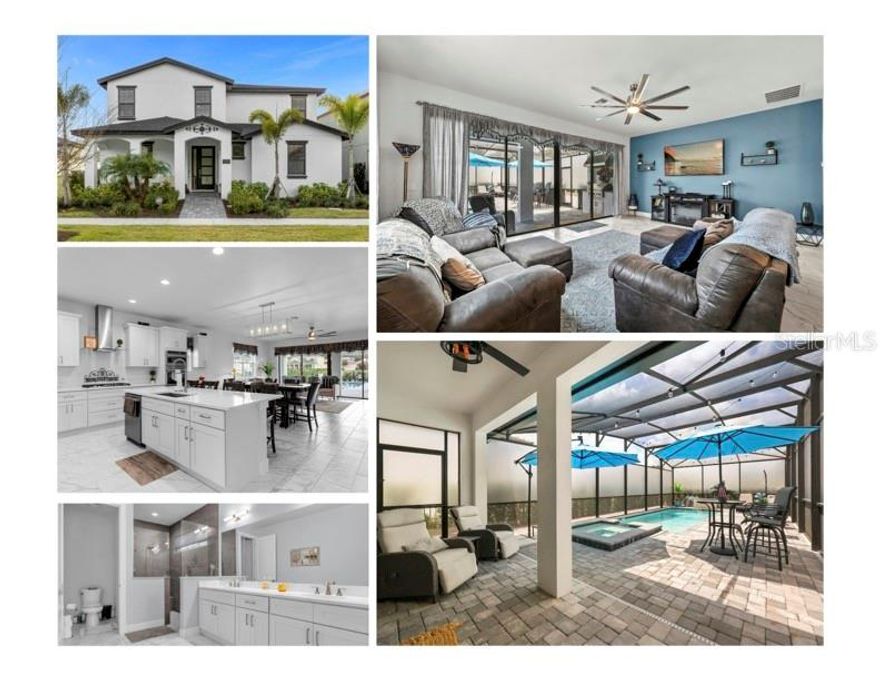 **Active Resort Membership Associated with the property** This Fantastic 6 Bedroom 5 Full Bath Home built in December 2022 is an absolute MUST SEE! As you enter this meticulously well kept home, you will immediately notice the open floor plan that boasts 15ft ceilings, modern finishes and tile flooring throughout entire first floor and luxury vinyl planking up the stairs and on the entire second floor. NO CARPET! Enjoy the added bonus and convenience of having a spacious FIRST FLOOR Primary Bedroom with a large walk-in closet. The primary bath has dual sinks and an HUGE walk-in shower equipped with dual shower heads. You also will find a guest bedroom located on the first floor. As you proceed further you find the open concept Chef's Kitchen equipped with quartz countertops, 42" hardwood cabinets with crown molding, stainless appliances, gas stove, dual purpose convection/conventional oven, microwave and breakfast bar. The Living & Dining space provide ample seating for endless hours of enjoyment with friends and family. The laundry facility is adjacent to the kitchen and also has built-in cabinets for storage. As you transition to the 2nd floor you are greeted by an amazing loft space perfect to utilize for a pool table, gaming or a second living area. You also find the remaining guest bedrooms, with two of them being EN-SUITE. The 6th bedroom is a large "Flex Room" with double doors that can easily be converted into a theatre, media room or bedroom.   As you continue to the spectacular SOUTH FACING outdoor space you find a covered lanai, summer kitchen, heated pool & spa and large pool deck with upgraded pavers to soak up the Florida Sunshine. NEW Privacy Screen Enclosure for added enjoyment within the last year.  Additional Upgrades include a Culligan "Total Home" Water softener System, ADT Security System, Custom Smart Shades, Custom Blinds on all windows and Smart Home features for the Thermostat & Garage Door just to name a few.  2017 Club Car Golf Cart with a lithium battery also for sale. This amazing home is located a few steps away from the Homestead community pool. This home is a fantastic location for your rental investment property, second home or primary residence. A short walk to the the Reunion Grande where there are several delicious dining experiences including a Sushi Bar & the 7593 Chophouse both located on the Lobby Level. On the 11th floor there is a rooftop restaurant & bar to enjoy your favorite cocktail or relax by the fireplace and pool. Located adjacent to the hotel, enjoy the Golf Clubhouse, the Seven Eagles Pool Pavilion & fitness center. Additional amenities include 3 Signature Golf Courses, a miniature putt putt course, 5 Acre Waterpark, 12 community pools, playground, sand volleyball, tennis & pickleball courts and dog parks. Reunion Resort is a 2,300 acre Private Golf and Tennis Community, just 6 miles to Disney and the parks, and a 30 min drive to the Orlando International Airport. Call to setup your private showing today, this GEM will not last!