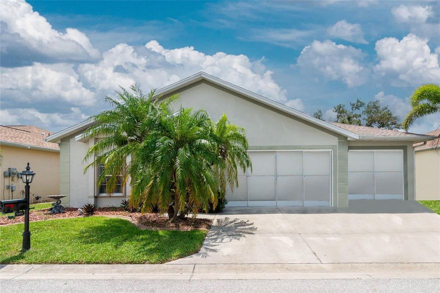 Welcome to the gated 55 and over golfing community of Kings Gate. Spacious 1,382 square foot Sheffield home with lake and golf course view that features 2 bedrooms, 2 bathrooms, office/den and 3 car garage. A beautifully maintained home located in a picturesque neighborhood with perfectly manicured lawns and vegetation welcomes you as soon as you approach your home.  The 3-car garage with 8’ high doors offers extra room for your vehicles, golf cart and/or storage.  As you step inside, you'll immediately notice the well-designed split floor plan, providing both privacy and functionality. The high ceilings throughout the home create an open and airy ambiance, enhancing the overall sense of spaciousness. The heart of the home is the inviting living area.  3-panel sliders open the living room up to the expanded lanai where you can relax and unwind with family and friends.  The kitchen has a nice size pantry to go along with the white cabinets and appliances (Refrigerator is excluded), Corian counters with matching backsplash, a cozy breakfast nook, also with sliders to the lanai, and tiled floor.  The master bedroom has wood laminate flooring, two walk-in closets and an attached master bath with large walk-in shower and extended vanity with his/her slink area. The guest bedroom is generously sized and provides comfortable spaces for family members or guests. The second bathroom is conveniently located, ensuring everyone's needs are met.  The den with pocket doors can be used as a third bedroom if desired.  The home also features new roof 2023, full accordion shutters all around the home for added protection, laundry in closet (washer/dryer excluded) and A/C in 2012.  Kings Gate is an active 55 and over gated community surrounded by manicured grounds with an 18-hole executive golf course.  Other great features include an Olympic size heated swimming pool and spa, tennis courts, pickle ball, lawn bowling, shuffleboard, bocce, horseshoes, gym, billiards, library and more.  If your hungry try the on-site Lion’s Den restaurant and bar.  Conveniently located next to the grocery store, drug store, bank, restaurants, shopping and I-75.