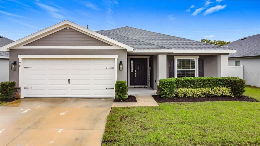 Welcome to 190 Polermo Avenue, Saint Cloud, FL 34771 — a beautifully designed, move-in ready home that blends modern comfort with smart technology and elegant upgrades throughout. Built just four years ago, this newer model offers exceptional value and style, perfect for first-time homeowners or anyone seeking a contemporary retreat near Lake Nona’s vibrant Medical City.

Step inside to discover a bright, open floor plan enhanced by 5.25 inch baseboards and a stunning kitchen featuring quartz countertops, cabinets crown moldings, under-cabinet lighting, stylish pendant bar lights, and sleek finishes that create a warm atmosphere. The bathrooms also showcase matching quartz vanities for a cohesive and luxurious look. The gathering room and one of the bedrooms come pre-wired for surround sound—ideal for entertaining or cozy movie nights. Smart home features include a keyless smart lock, WiFi-enabled sprinkler system, and upgraded WiFi light switches for the garage, kitchen, front porch, and lanai, offering both convenience and modern efficiency.

Enjoy peace of mind with front and backyard camera pre-wiring, and outdoor living made easy with a fenced side and back patio—perfect for relaxing or hosting weekend gatherings. Elegant window treatments with a modern touch are already installed, making this home truly move-in ready. Located in a welcoming community that offers a refreshing pool, dog park, and playground, you’ll love the lifestyle and amenities that complement this home’s exceptional design.

Located just minutes from Lake Nona, major highways, top-rated schools, shopping, dining, and the popular Medical City, this home delivers both luxury and lifestyle in one perfect package. Don’t miss the opportunity to own this exceptional property filled with thoughtful upgrades and timeless appeal!