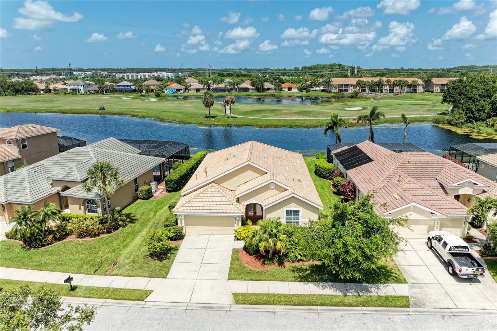 Affordable and spacious luxury home in this golf community. Within 5 min. driving distance to interstate I-75, and within 1 mile distance to the Manatee River. Walking distance to the adjacent central park. Walking distance to the golf course and driving range. Over 2,100 Sq/Ft, with spacious lanai overlooking a pond. The entire house has just been freshly painted. Two full baths, master bath has a large bathtub and private toilet room. The 2 car garage has just been painted as well as the garage floor. Updated kitchen appliances and washer. The modern and spacious kitchen and bathrooms have beautiful granite countertops. There is an application fee for HOA approval and a transfer fee to use the Stoneybrook facilities. Active lifestyles are encouraged with golf, tennis, playground, pickle ball, pools, fitness club, basketball courts, and dog park. Heritage Harbor has fishing piers, lots of sidewalks, bike paths, and fields. A bonus room to be used as a den or office is also included in this home.